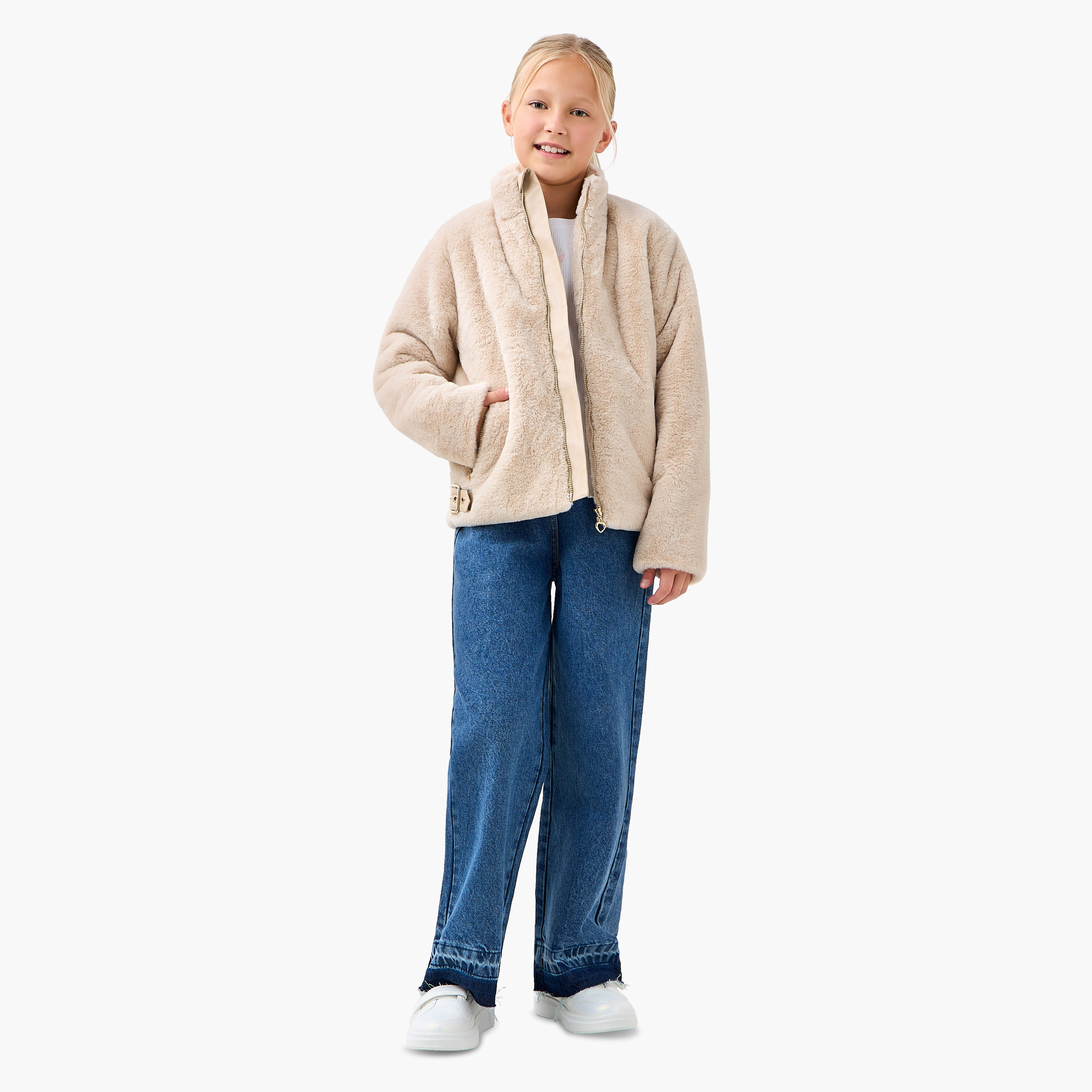 Juniors Plush Zip Through Jacket with Long Sleeves-girls-clothing-jacketsandcoats-image-2
