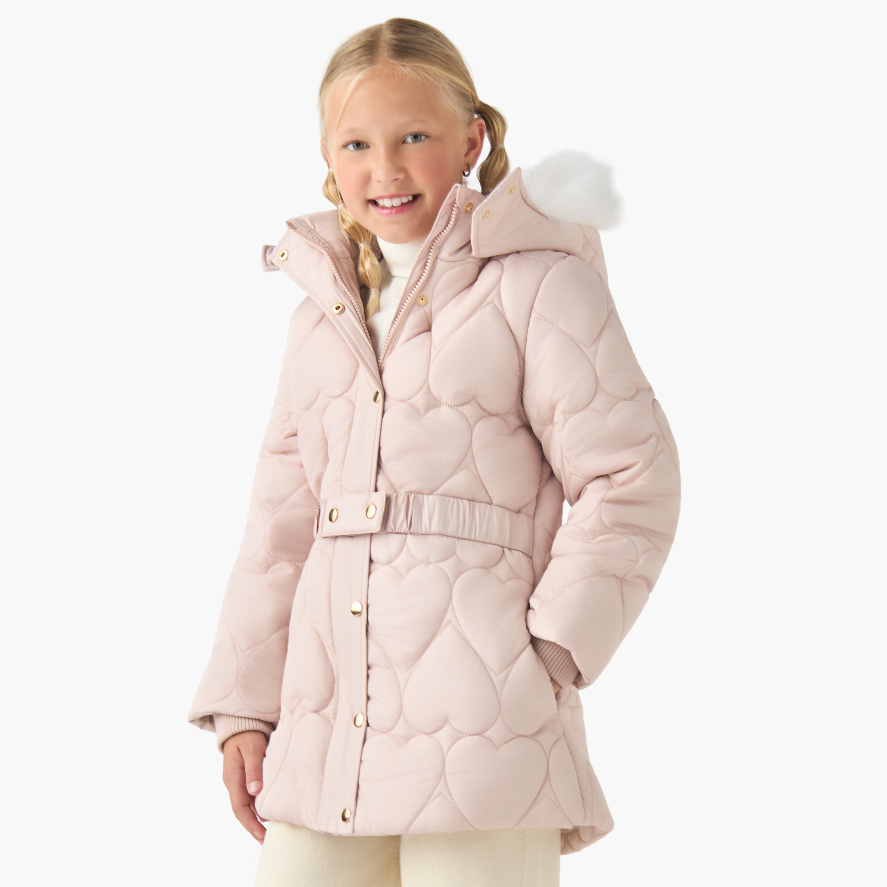 Juniors Hooded Belted Jacket with Long Sleeves-girls-clothing-winterwear-jacketsandcoats-image-1