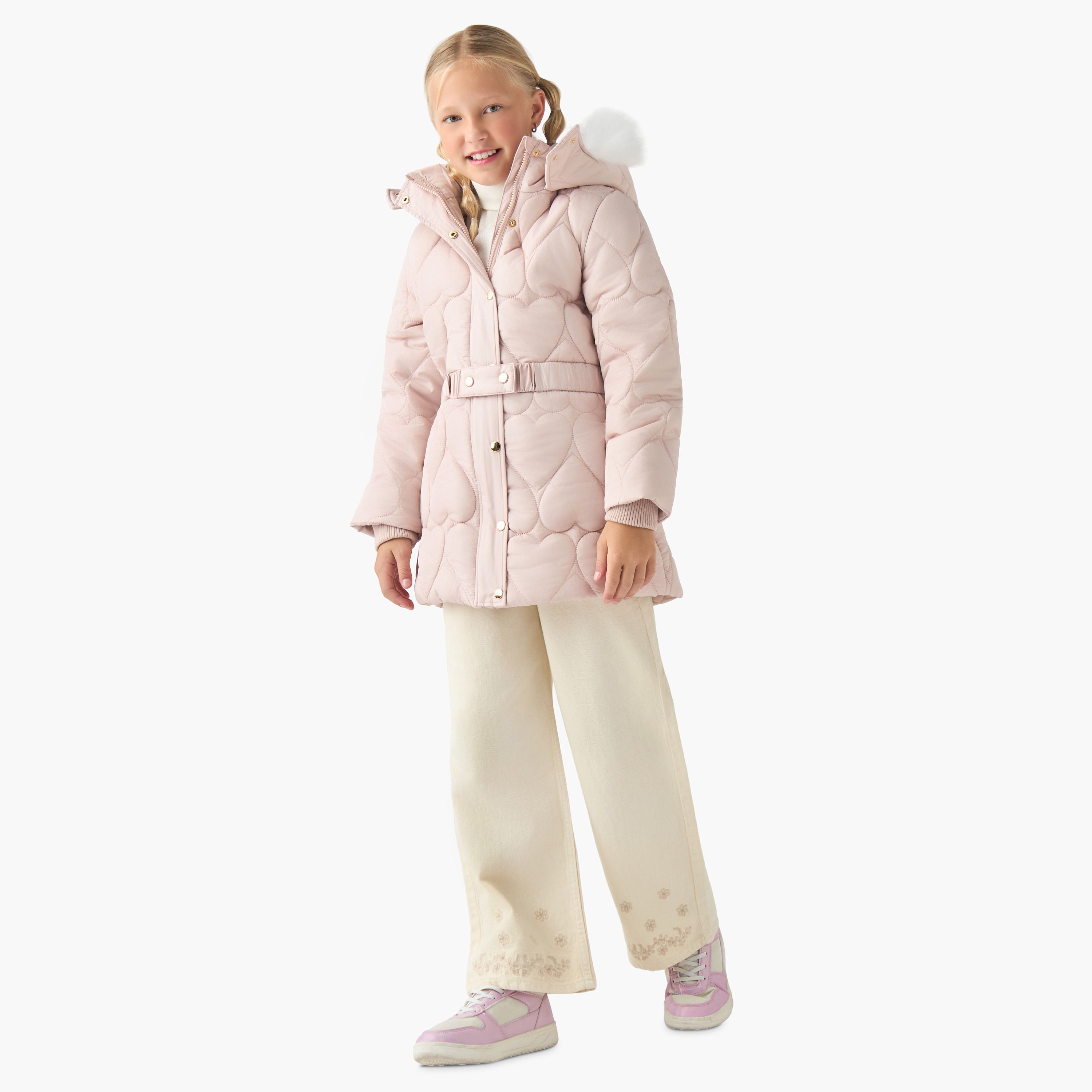 Juniors Hooded Belted Jacket with Long Sleeves-girls-clothing-winterwear-jacketsandcoats-image-2