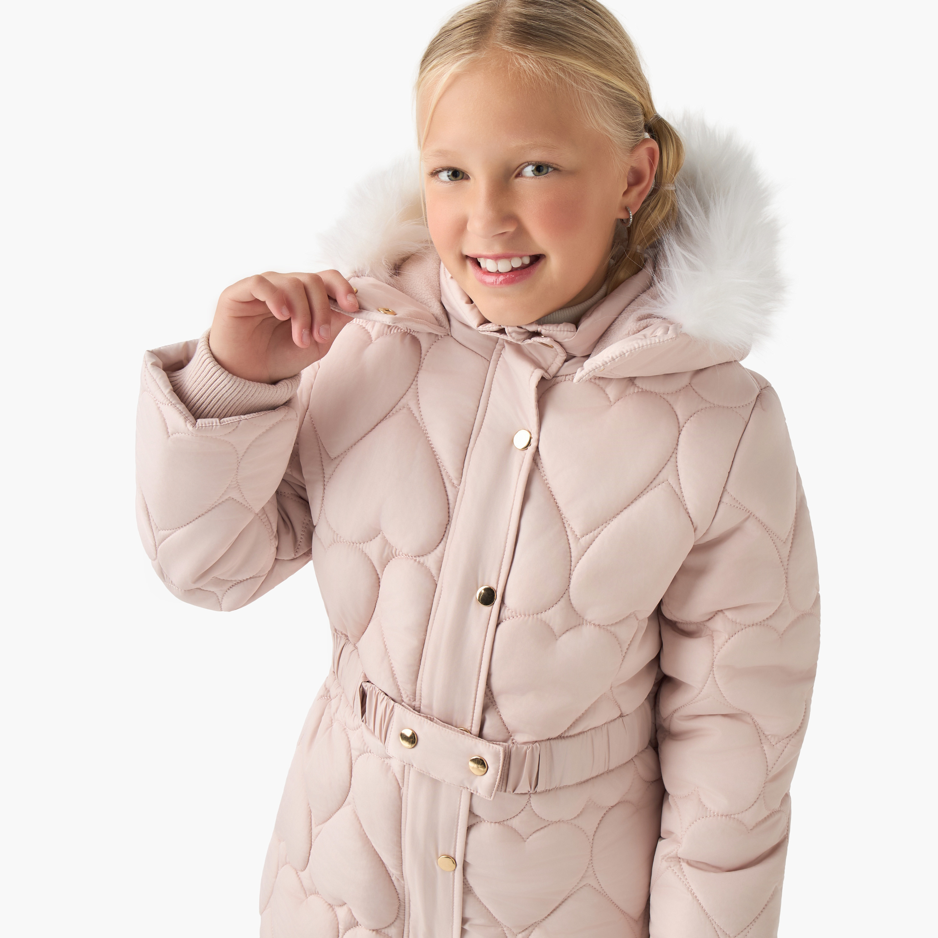 Juniors Hooded Belted Jacket with Long Sleeves-girls-clothing-winterwear-jacketsandcoats-image-4