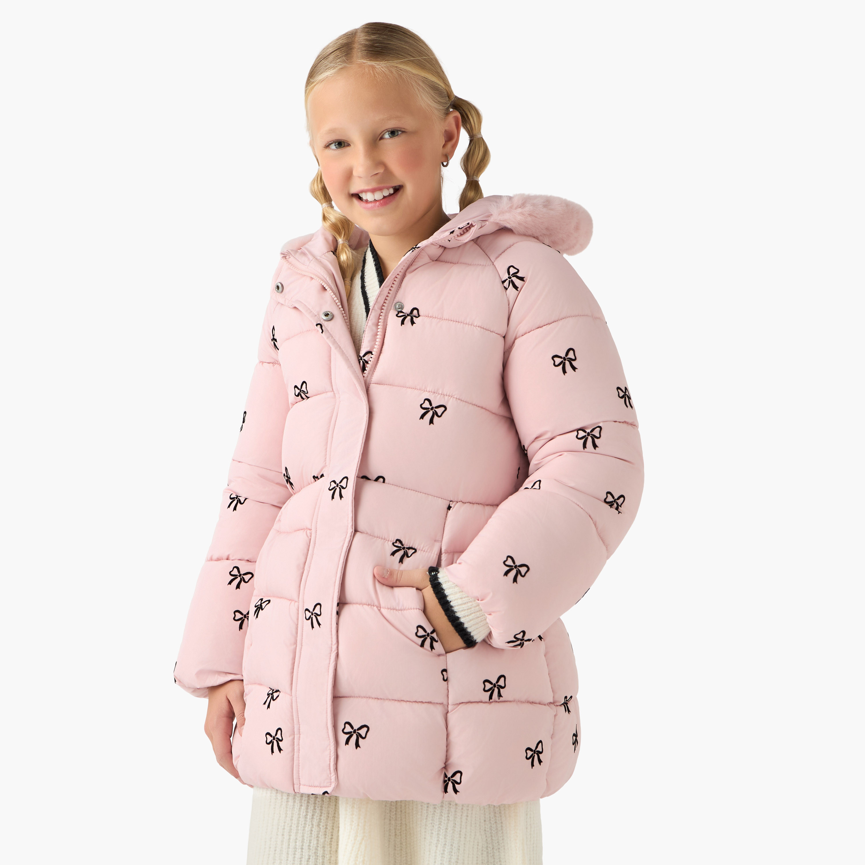 Juniors Bow Print Padded Jacket with Hood and Zip Closure-girls-clothing-winterwear-jacketsandcoats-image-1