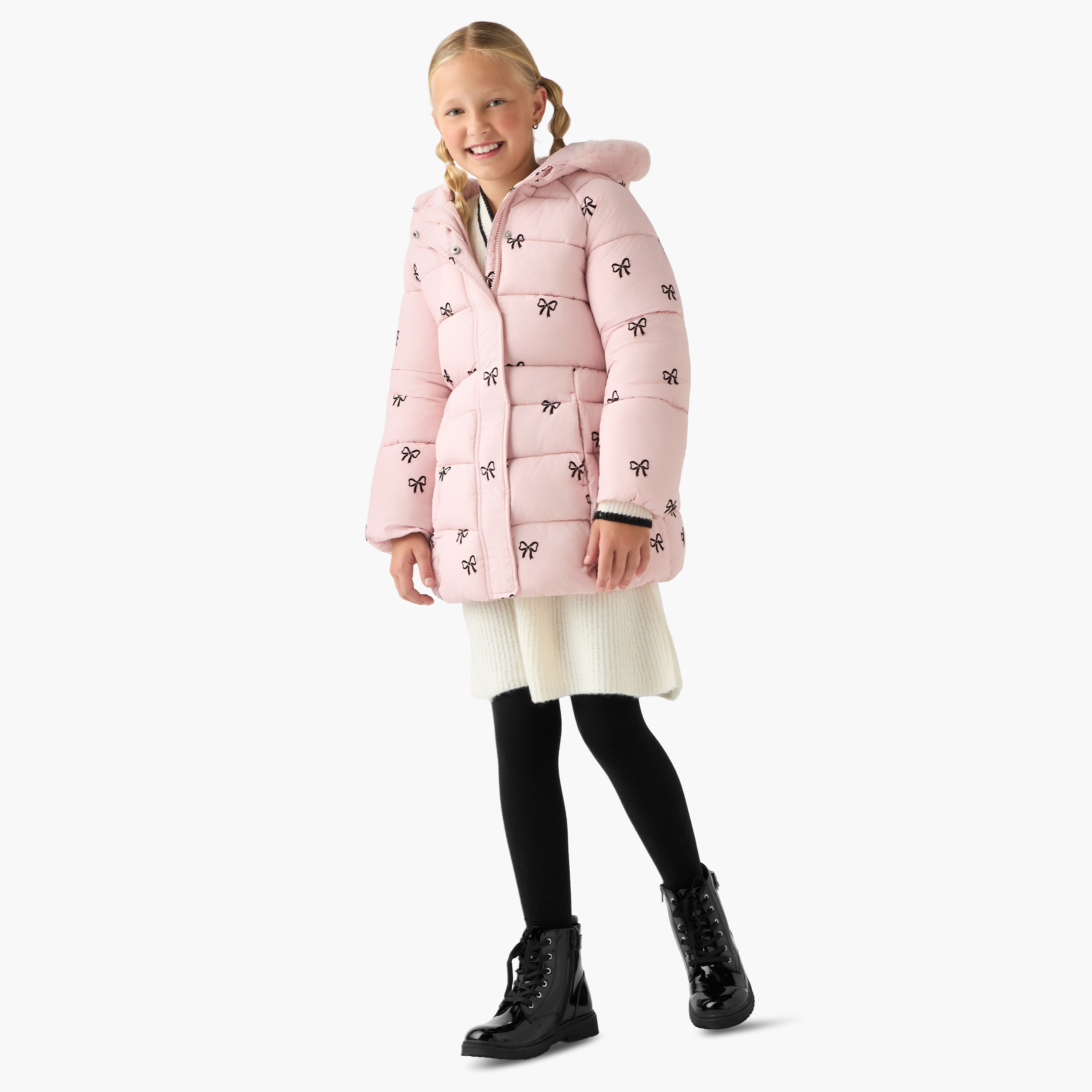 Juniors Bow Print Padded Jacket with Hood and Zip Closure-girls-clothing-winterwear-jacketsandcoats-image-2
