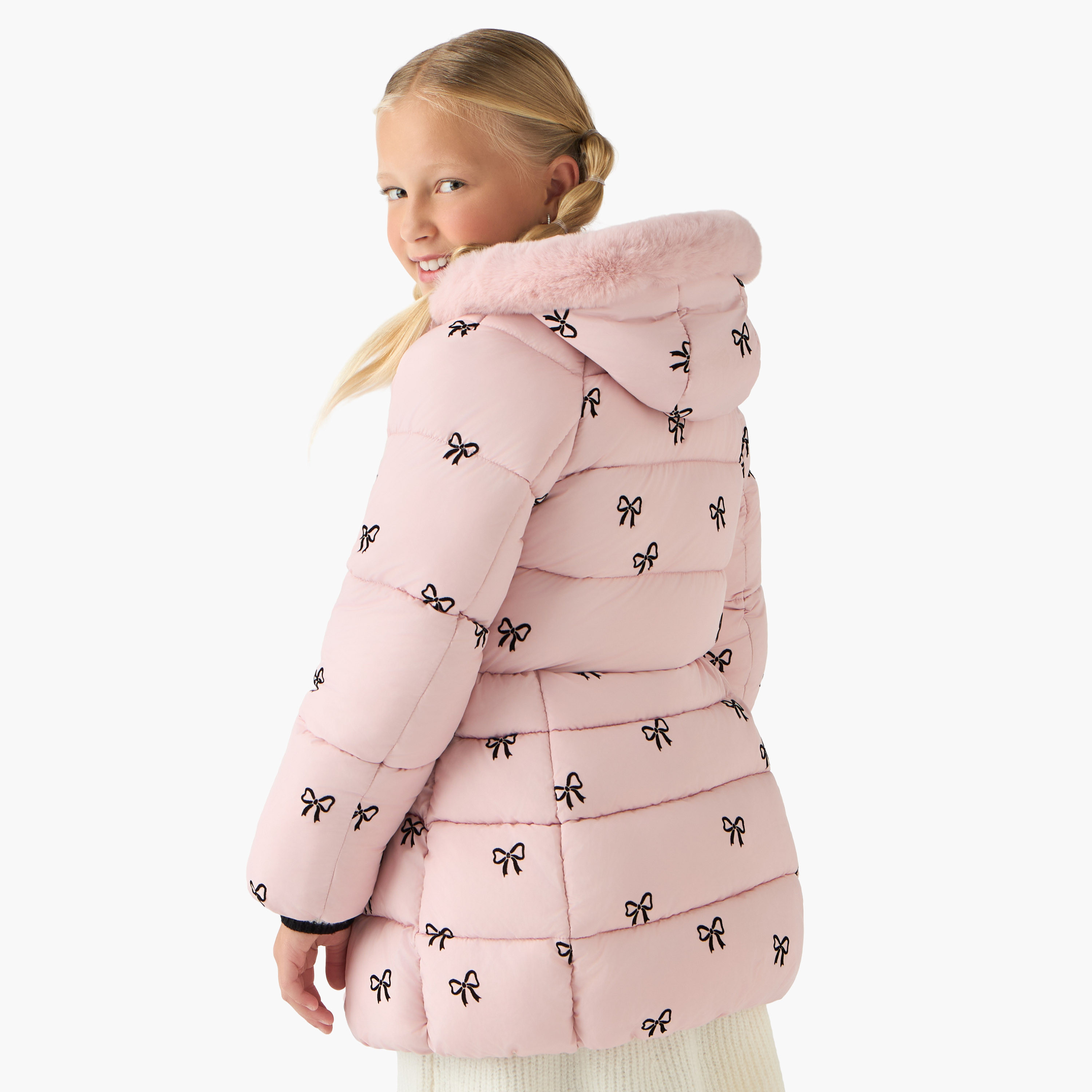 Juniors Bow Print Padded Jacket with Hood and Zip Closure-girls-clothing-winterwear-jacketsandcoats-image-3