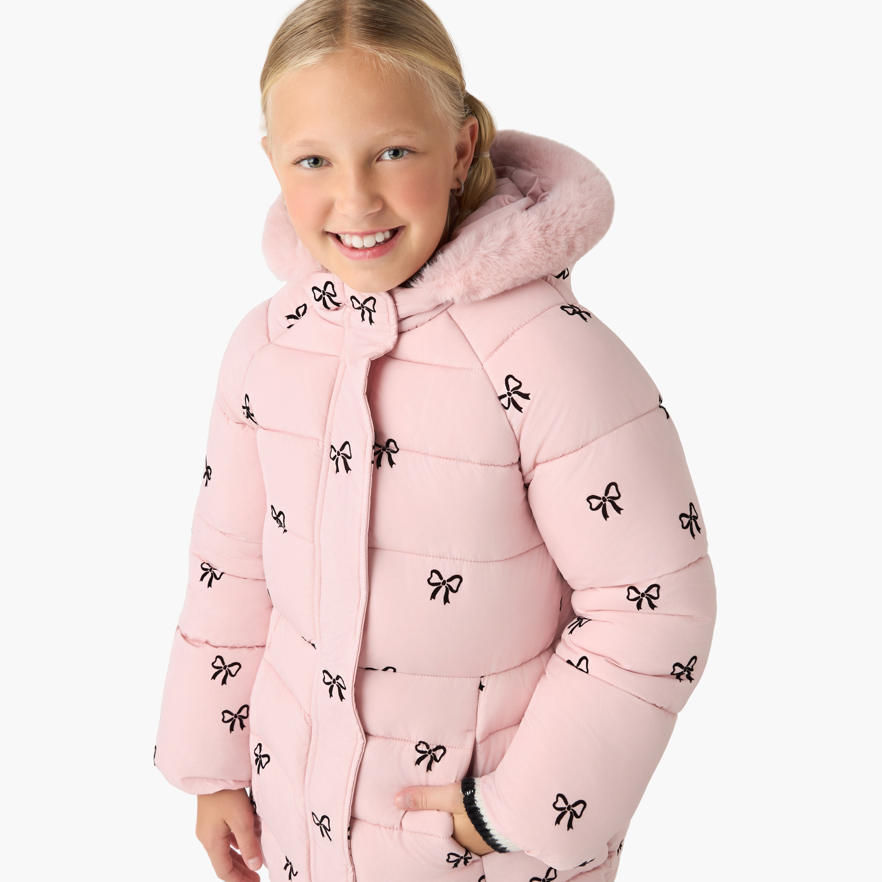 Juniors Bow Print Padded Jacket with Hood and Zip Closure-girls-clothing-winterwear-jacketsandcoats-image-4