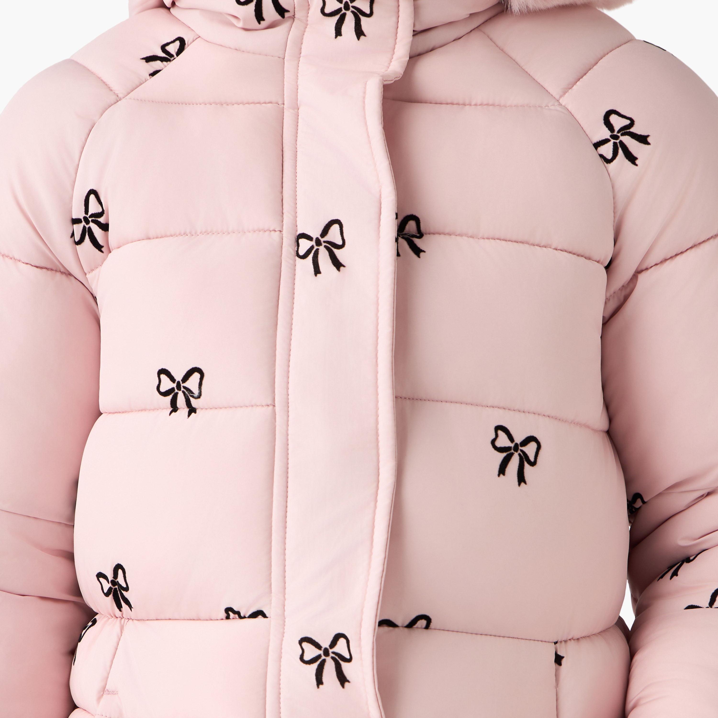 Juniors Bow Print Padded Jacket with Hood and Zip Closure-girls-clothing-winterwear-jacketsandcoats-image-5