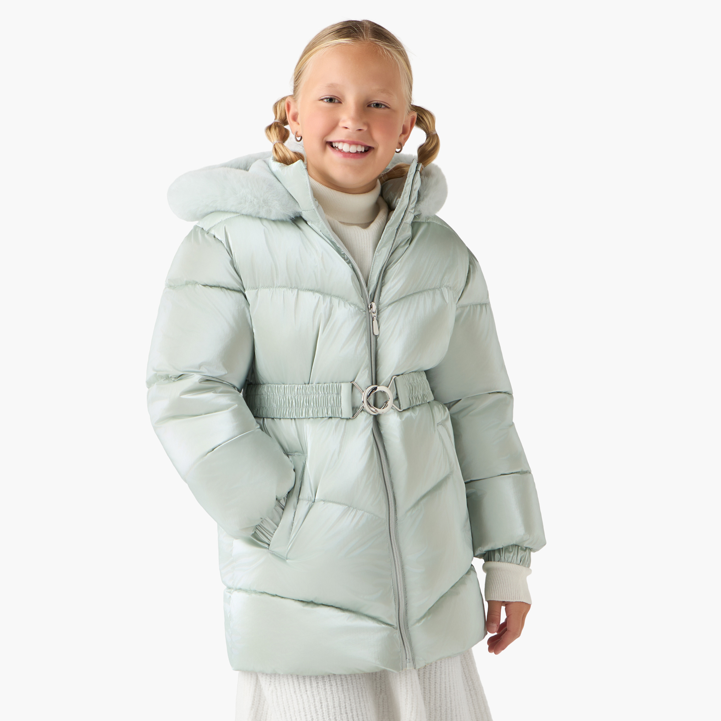 Juniors Belted Puffer Jacket with Hood and Zip Closure-girls-clothing-winterwear-jacketsandcoats-image-1