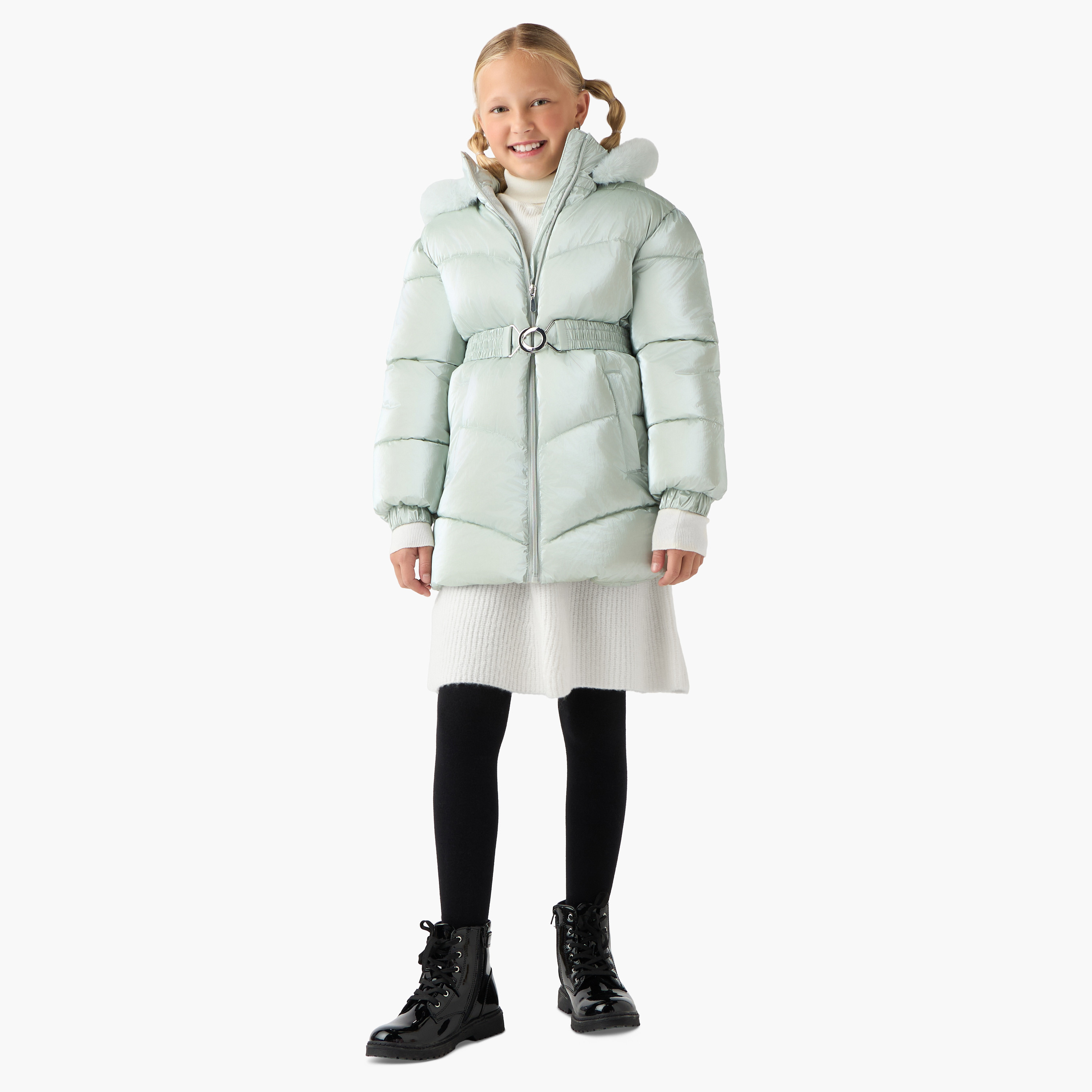 Juniors Belted Puffer Jacket with Hood and Zip Closure-girls-clothing-jacketsandcoats-image-2