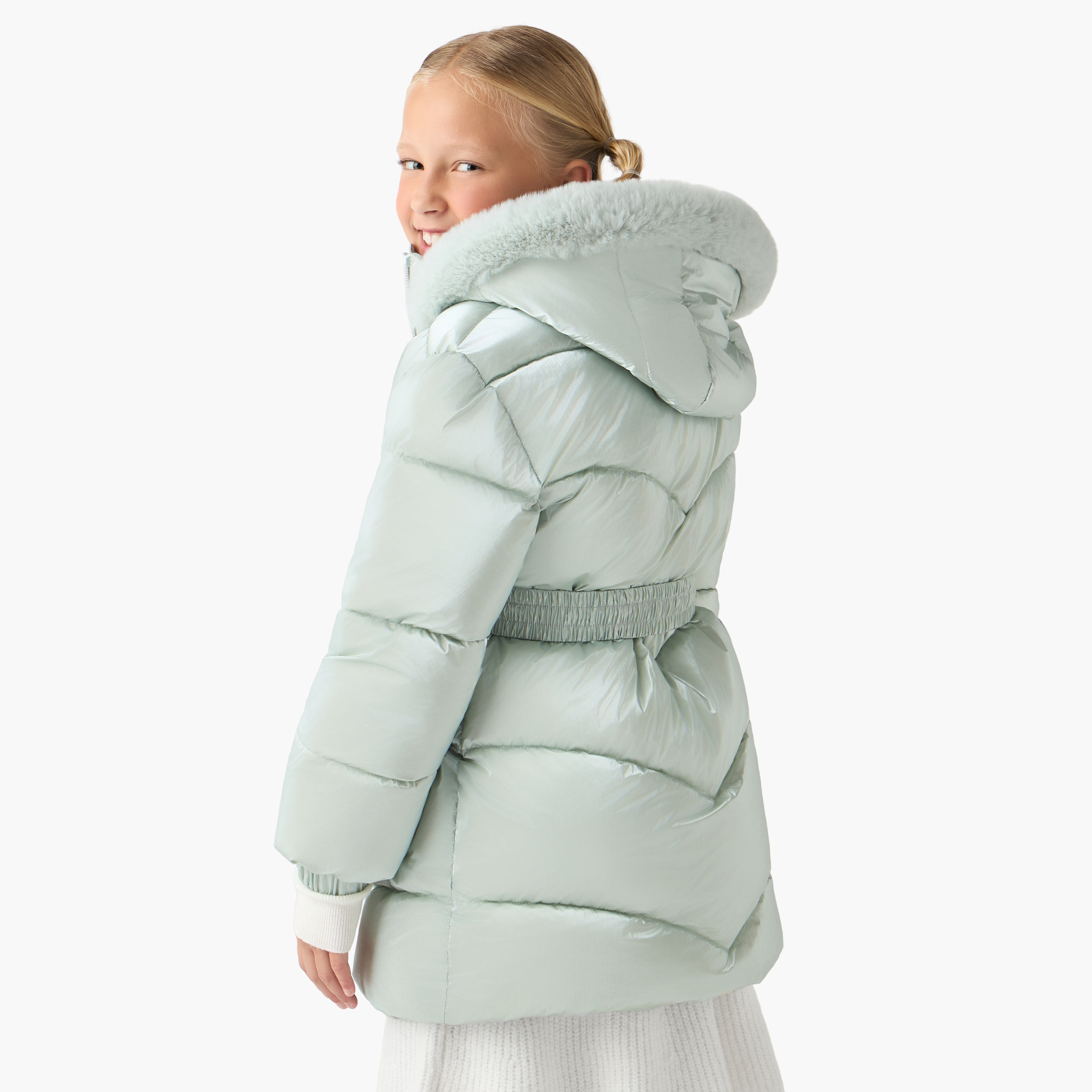 Juniors Belted Puffer Jacket with Hood and Zip Closure-girls-clothing-jacketsandcoats-image-3