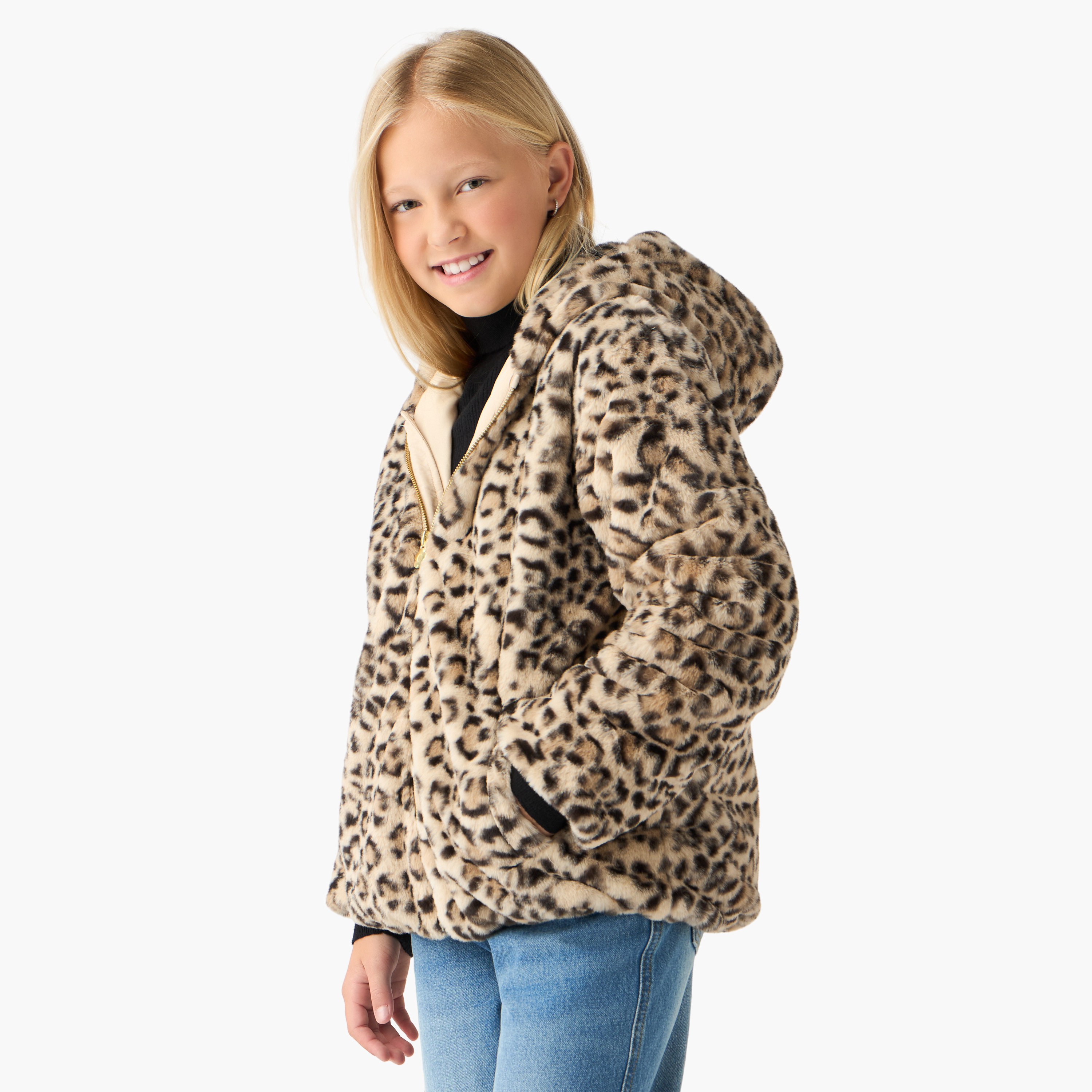 Juniors Animal Print Hooded Jacket with Long Sleeves-girls-clothing-winterwear-jacketsandcoats-image-1