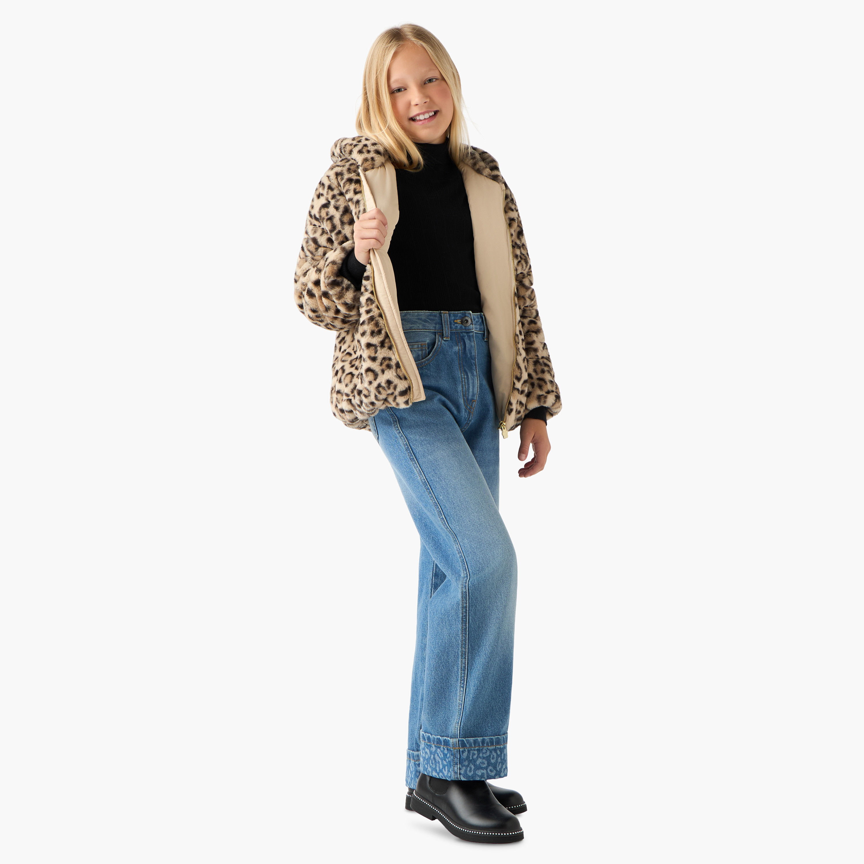 جاكيت بقبعة وأكمام طويلة وطبعات حيوانات من جونيورز-girls-clothing-winterwear-jacketsandcoats-image-2