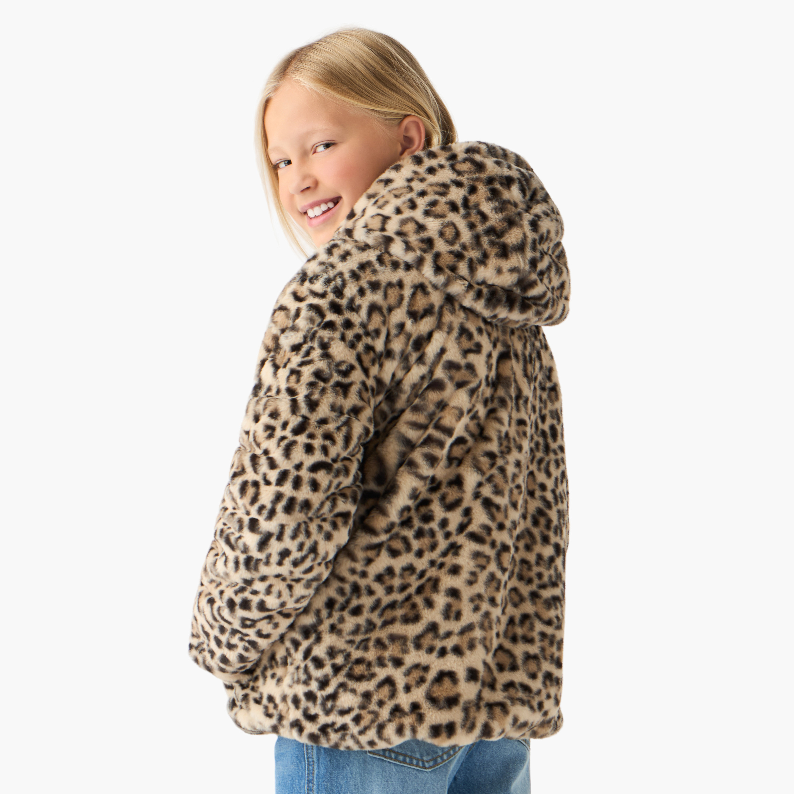Juniors Animal Print Hooded Jacket with Long Sleeves-girls-clothing-winterwear-jacketsandcoats-image-3