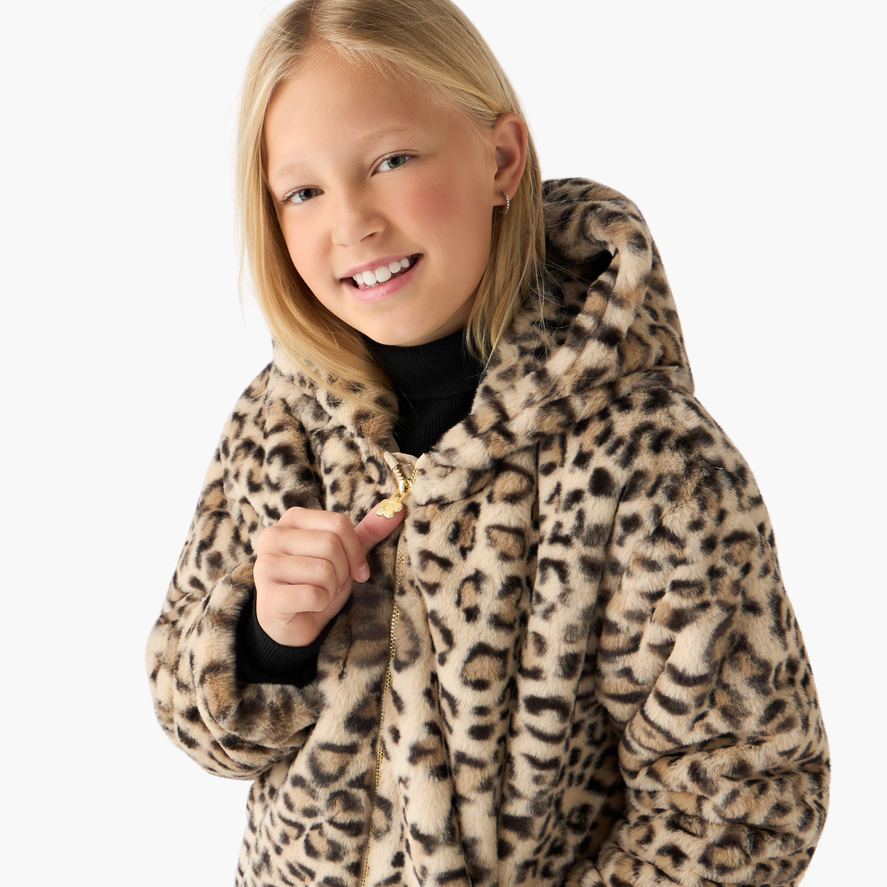 Juniors Animal Print Hooded Jacket with Long Sleeves-girls-clothing-winterwear-jacketsandcoats-image-4
