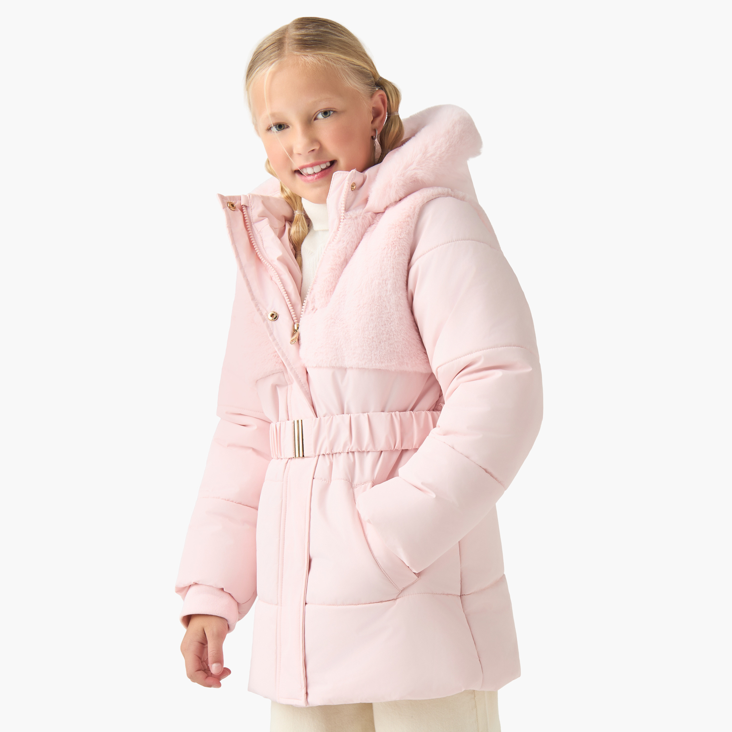 Juniors Belted Puffer Jacket with Hood and Zip Closure-girls-clothing-jacketsandcoats-image-1