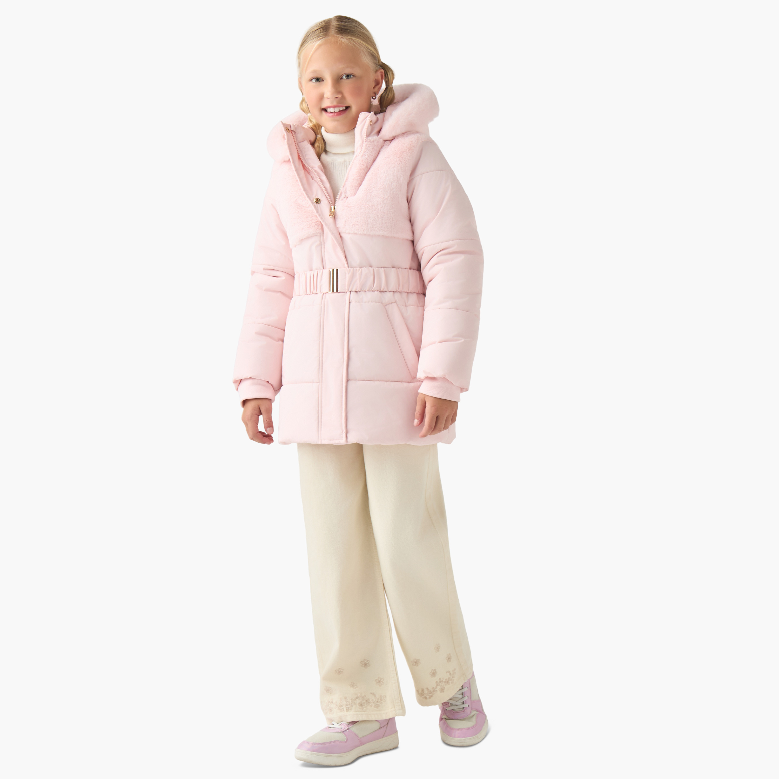 Juniors Belted Puffer Jacket with Hood and Zip Closure-girls-clothing-jacketsandcoats-image-2