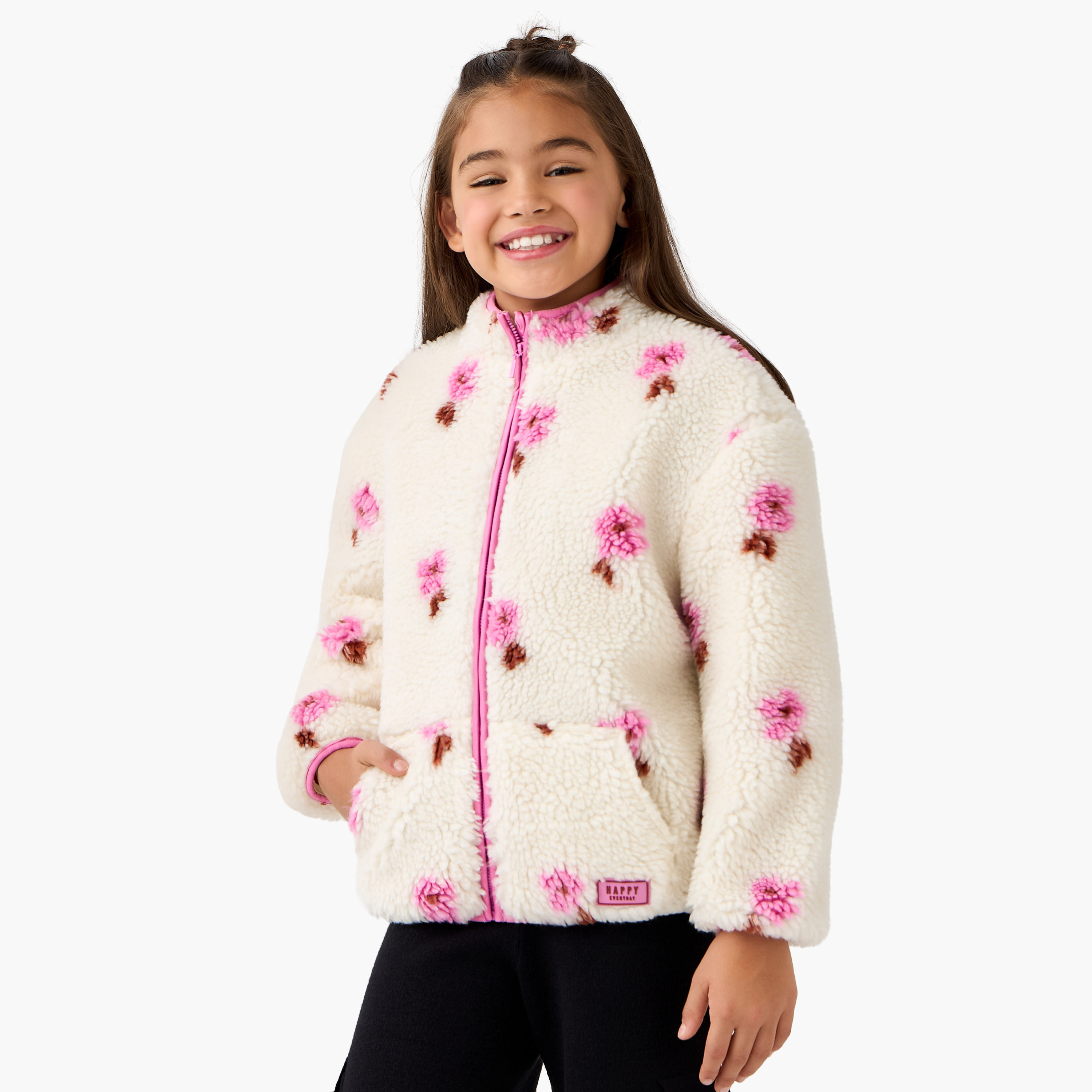 Juniors Floral Print High Neck Jacket with Kangaroo Pocket-girls-clothing-jacketsandcoats-image-1