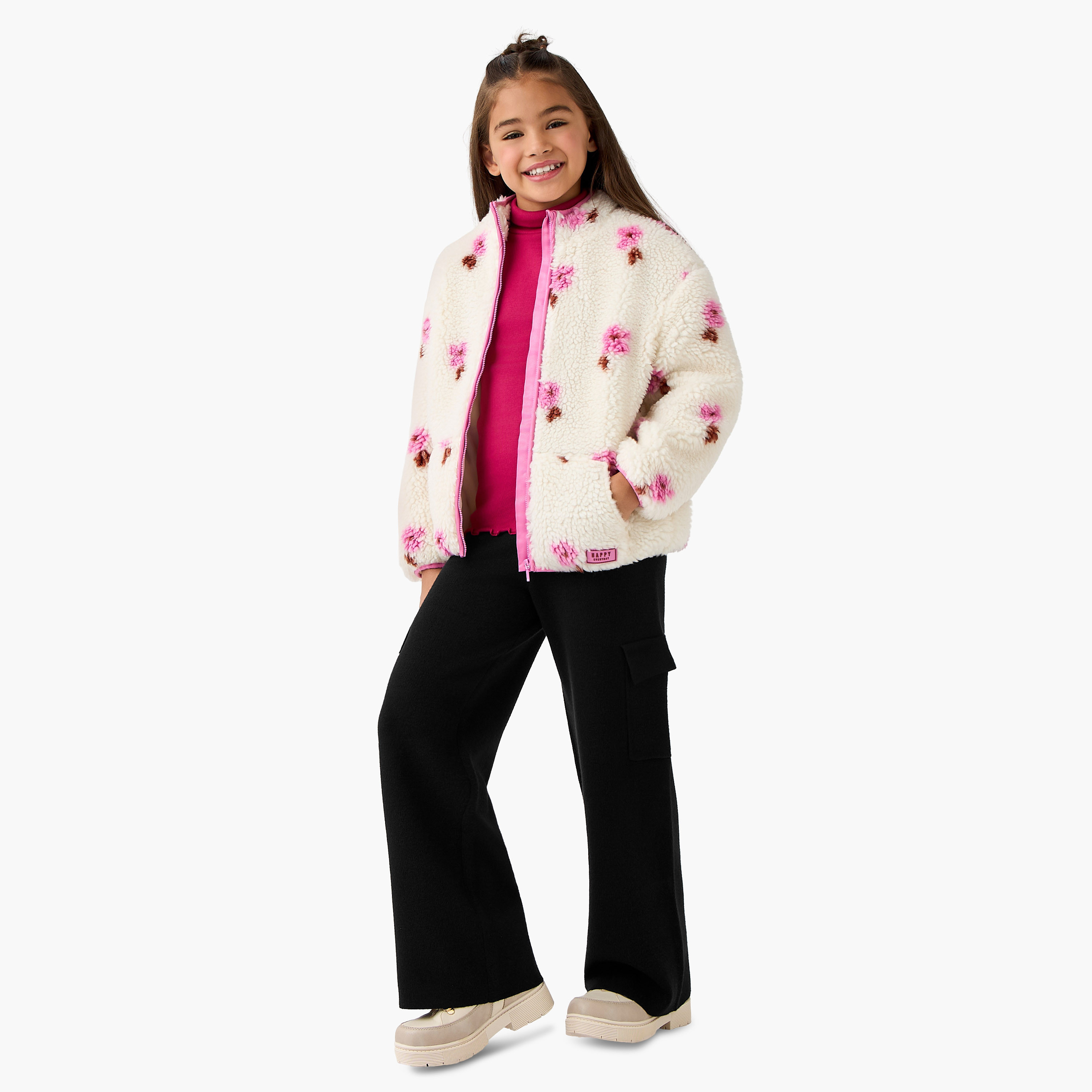 Juniors Floral Print High Neck Jacket with Kangaroo Pocket-girls-clothing-jacketsandcoats-image-2