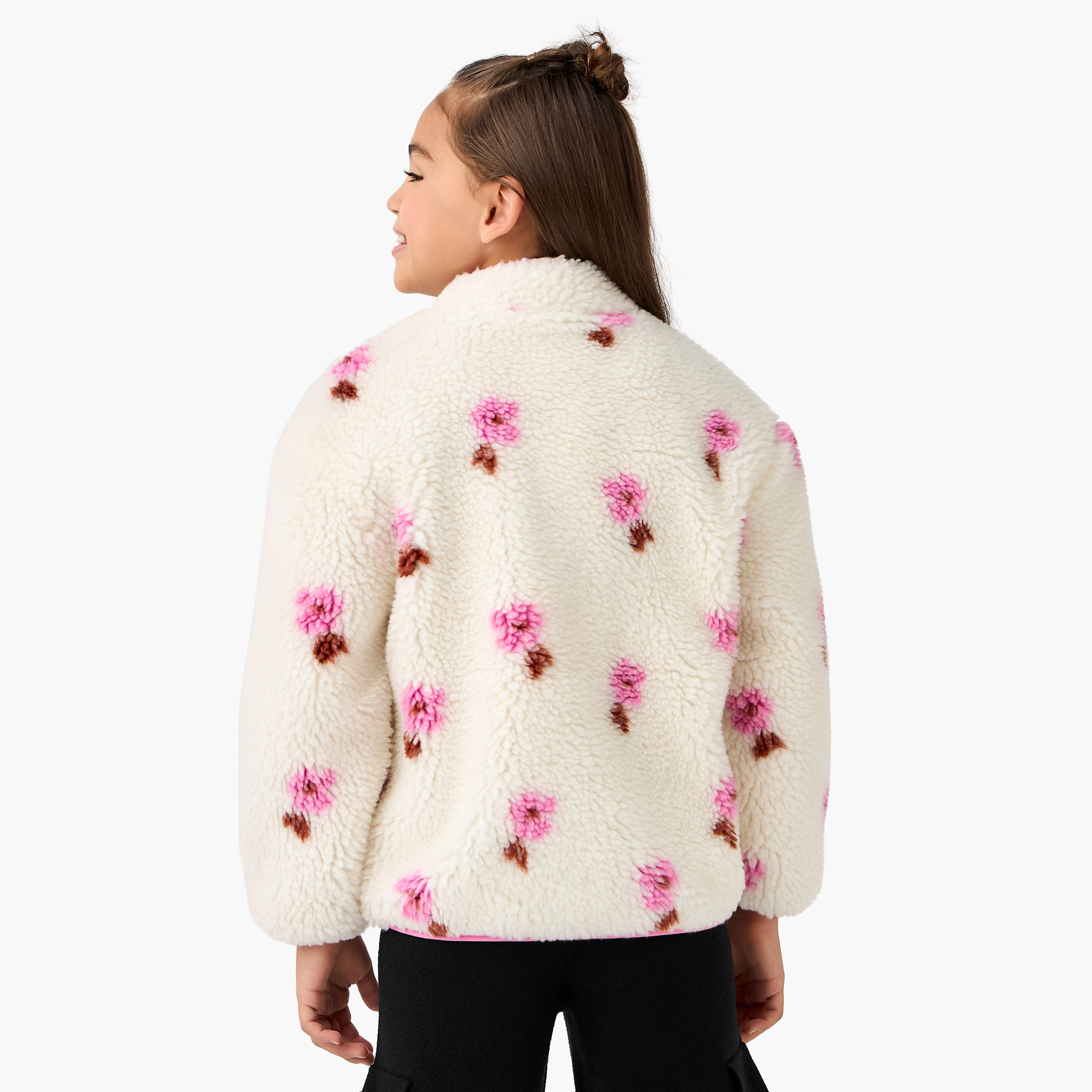 Juniors Floral Print High Neck Jacket with Kangaroo Pocket-girls-clothing-jacketsandcoats-image-3