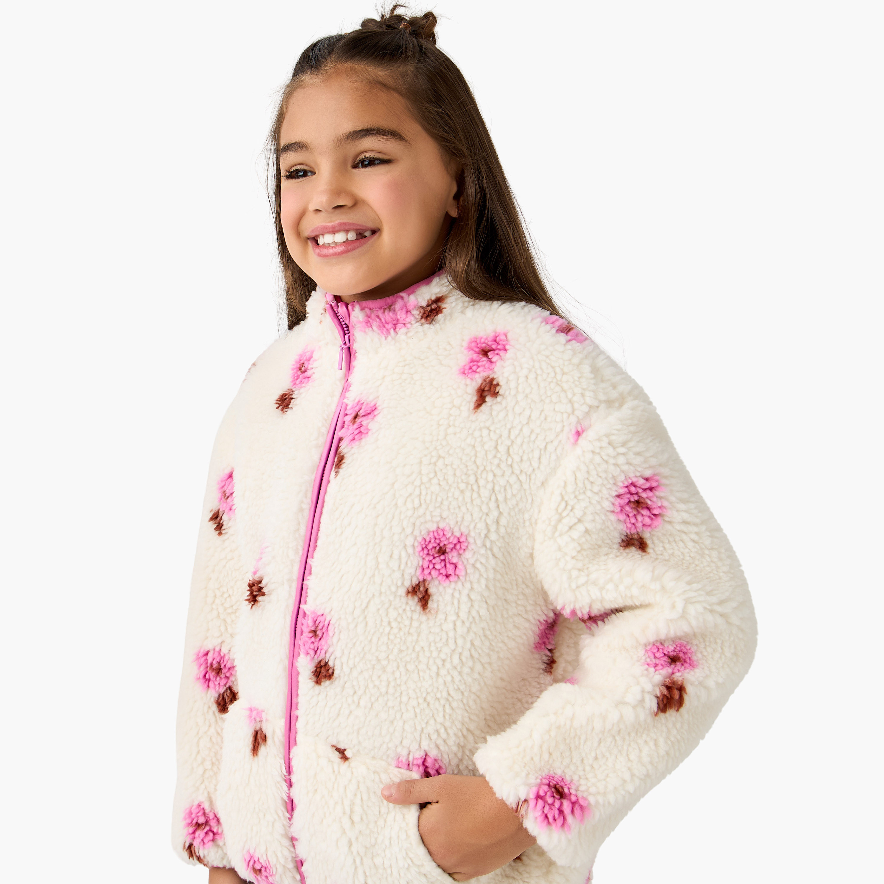 Juniors Floral Print High Neck Jacket with Kangaroo Pocket-girls-clothing-jacketsandcoats-image-4