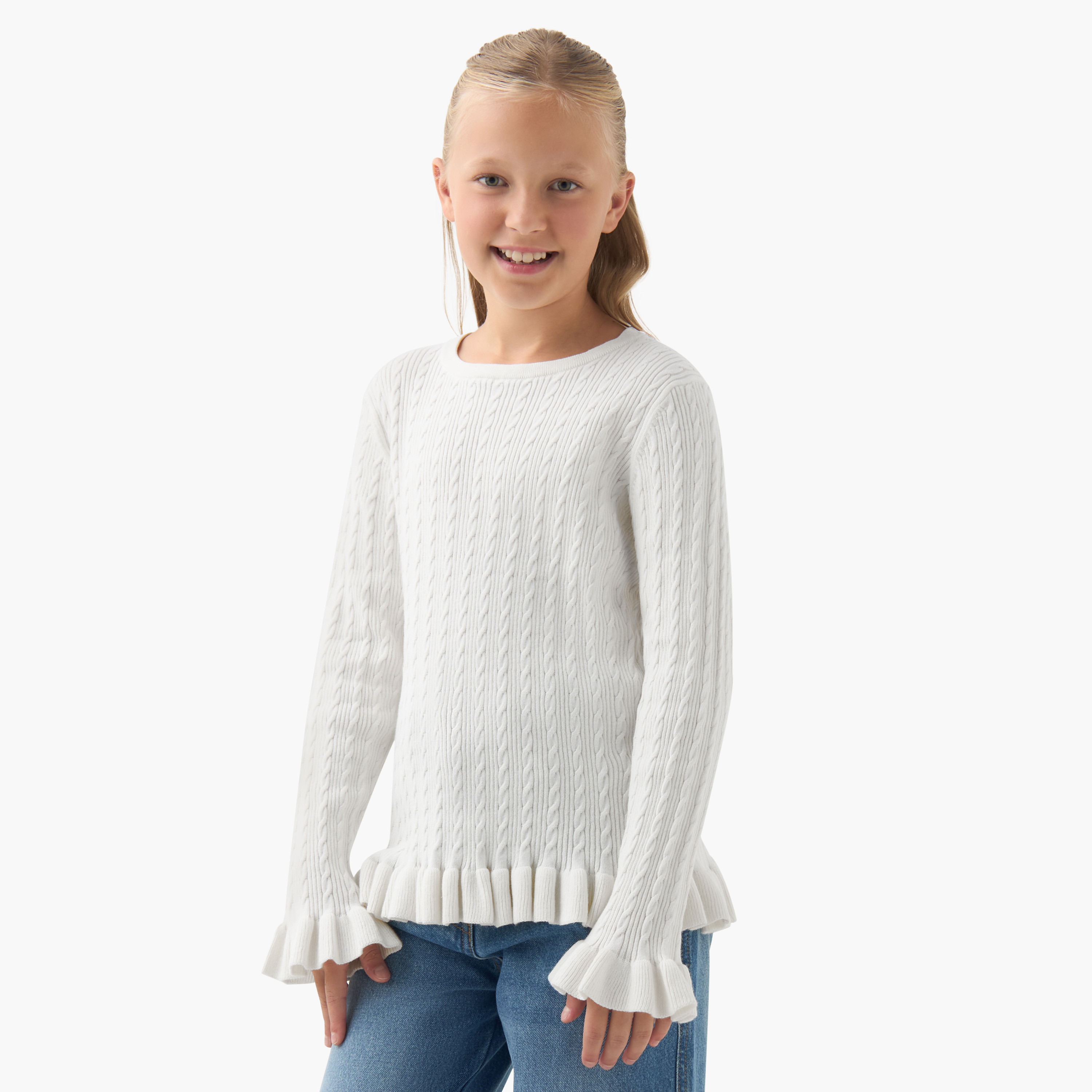 كنزة بتفاصيل كشكش - بأكمام طويلة للبنات من جونيورز-girls-clothing-winterwear-jumpersandcardigans-image-1