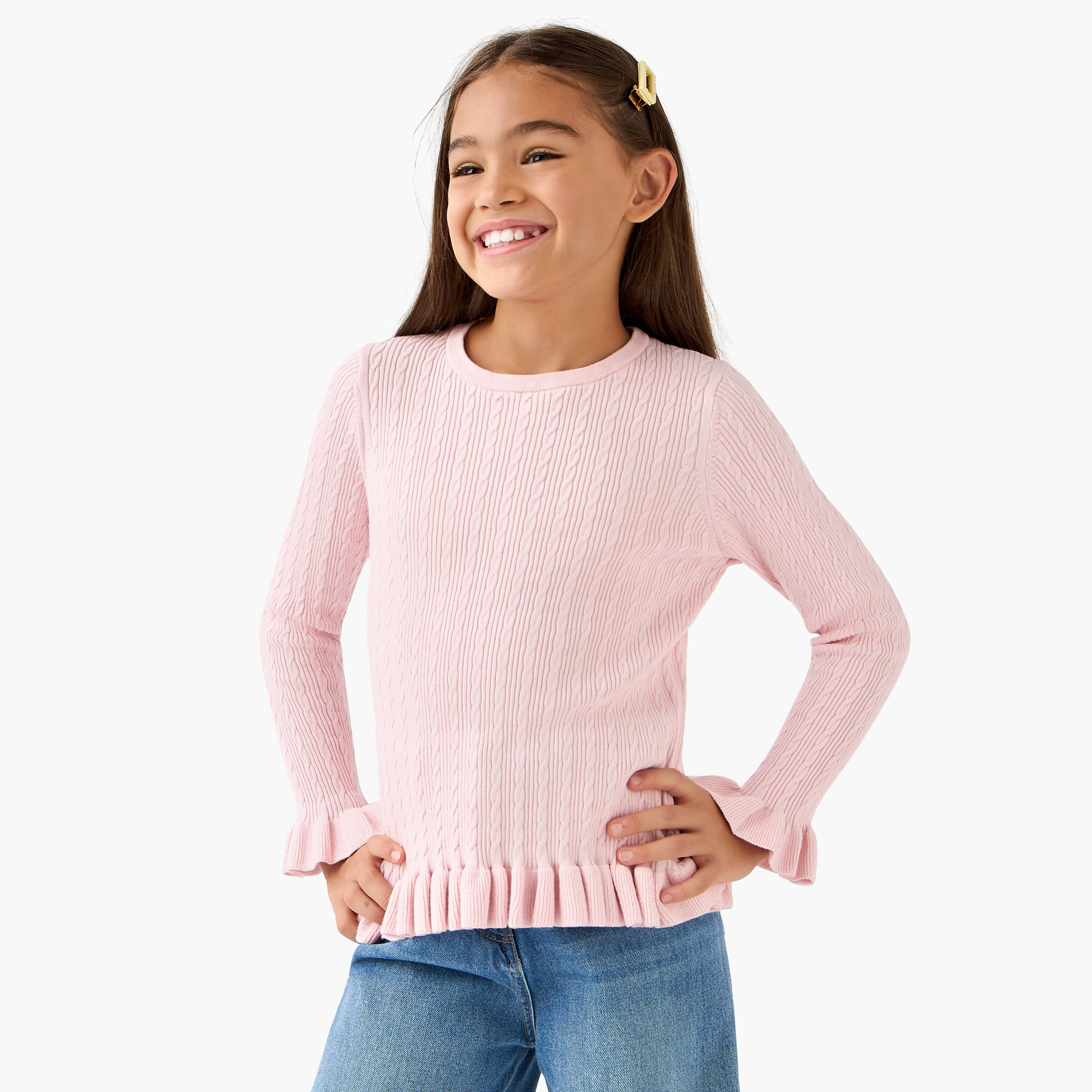 Juniors Ruffle Detail Sweater with Long Sleeves-girls-clothing-winterwear-jumpersandcardigans-image-1