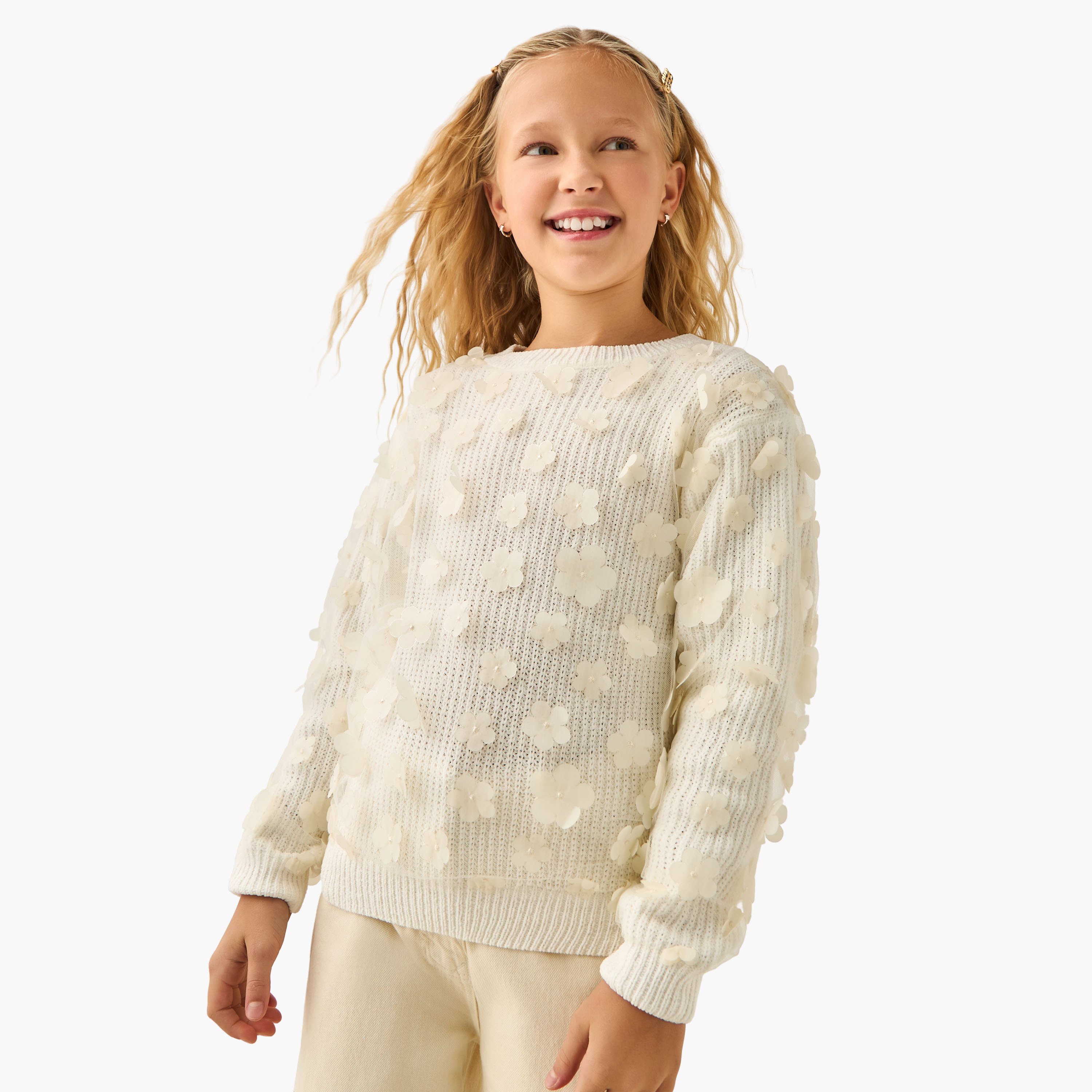 كنزة مضلعة بأكمام طويلة وزخارف زهرية من جونيورز-girls-clothing-winterwear-jumpersandcardigans-image-1