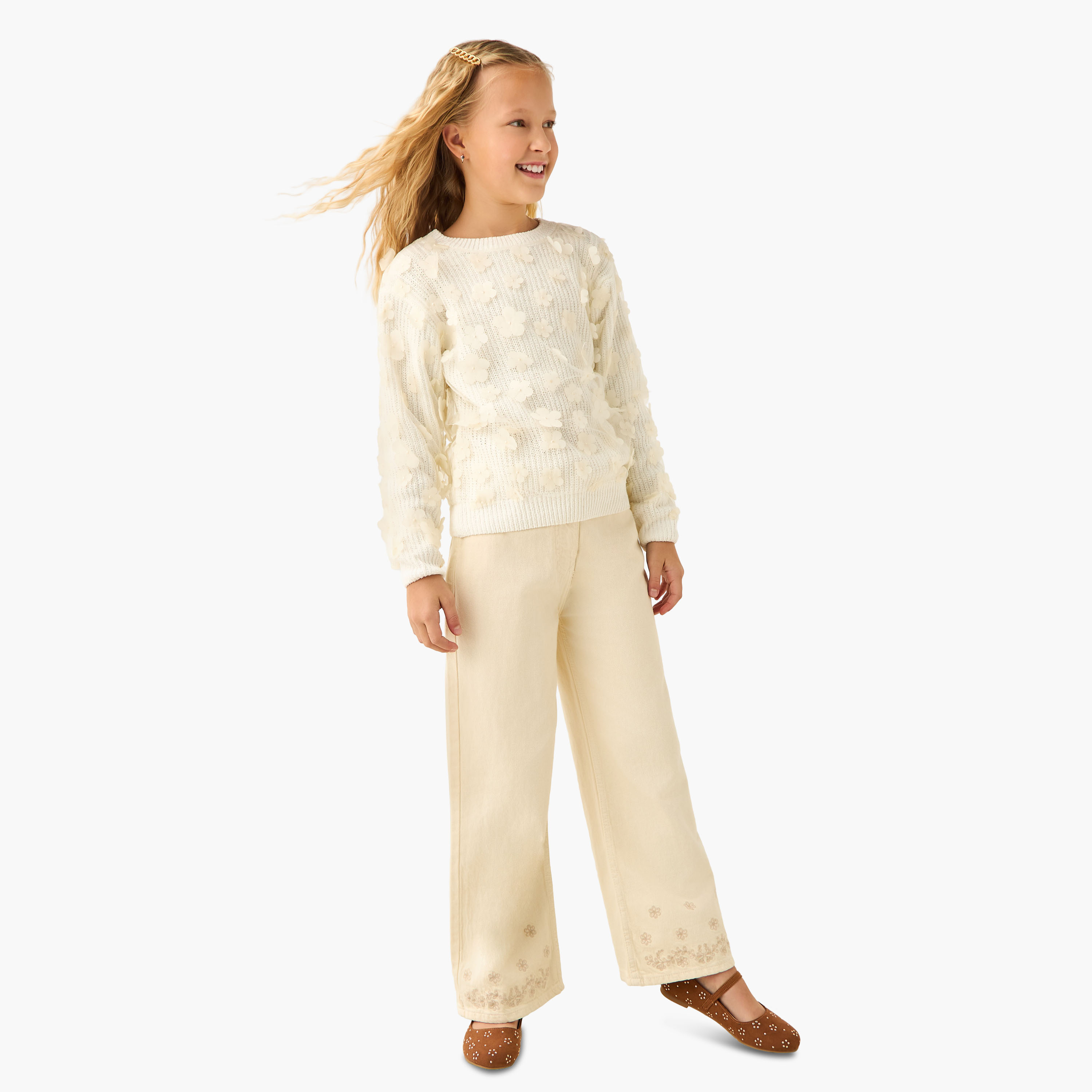 كنزة مضلعة بأكمام طويلة وزخارف زهرية من جونيورز-girls-clothing-winterwear-jumpersandcardigans-image-2