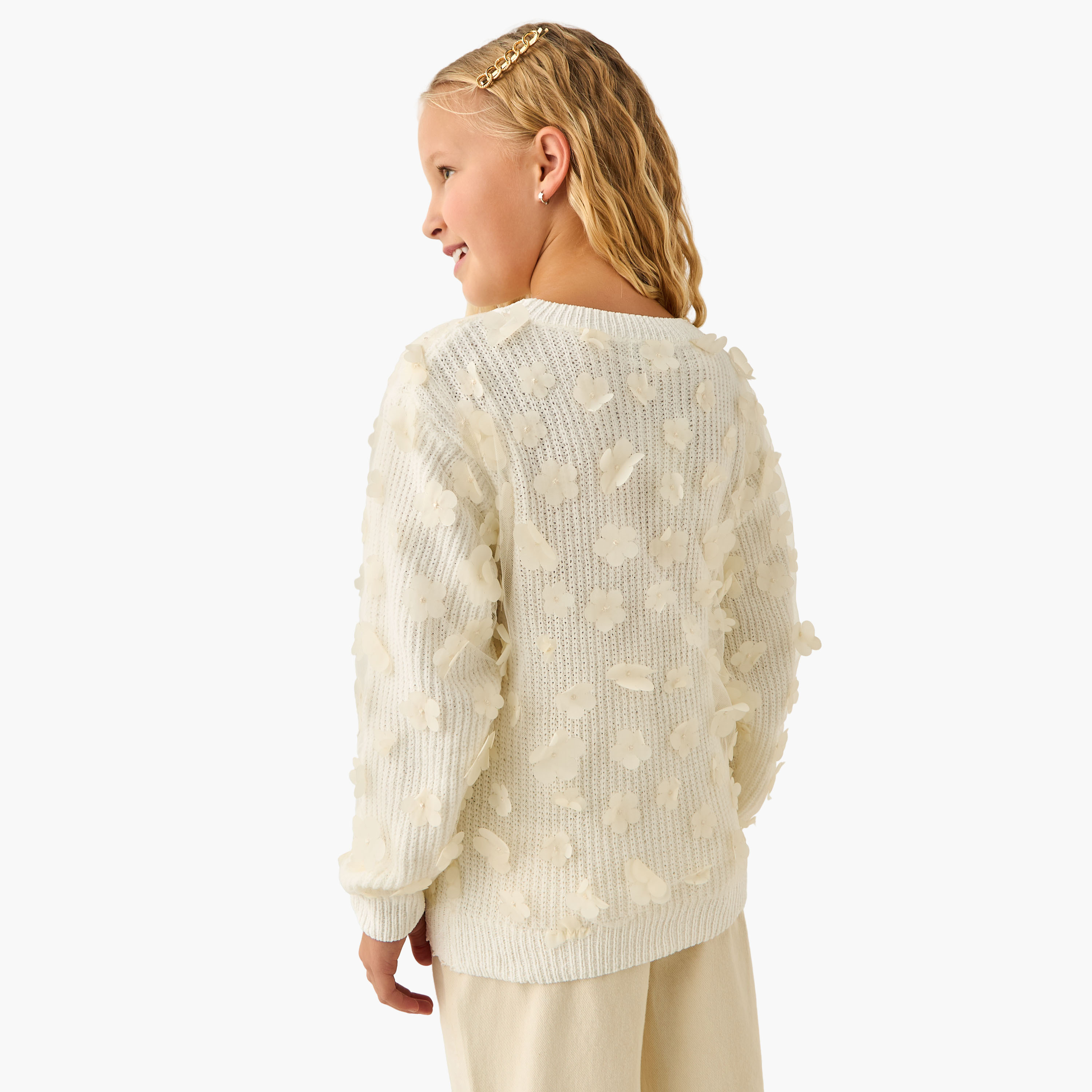 كنزة مضلعة بأكمام طويلة وزخارف زهرية من جونيورز-girls-clothing-winterwear-jumpersandcardigans-image-3