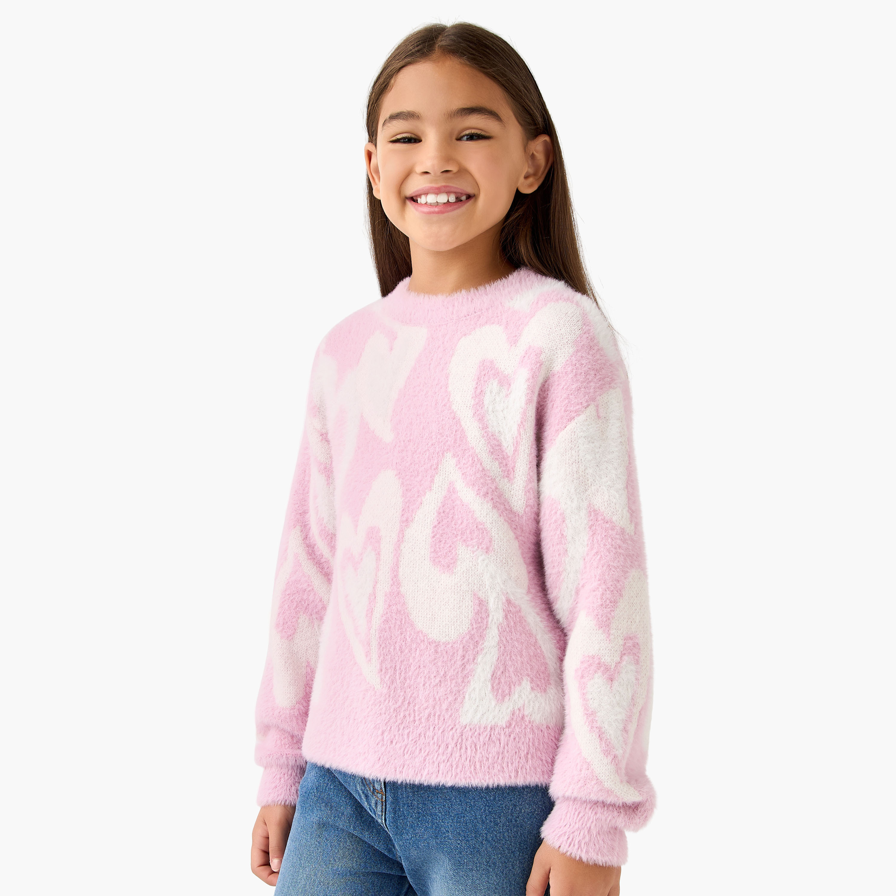 بلوفر بأكمام طويلة وطبعات قلب من جونيورز-girls-clothing-winterwear-jumpersandcardigans-image-5