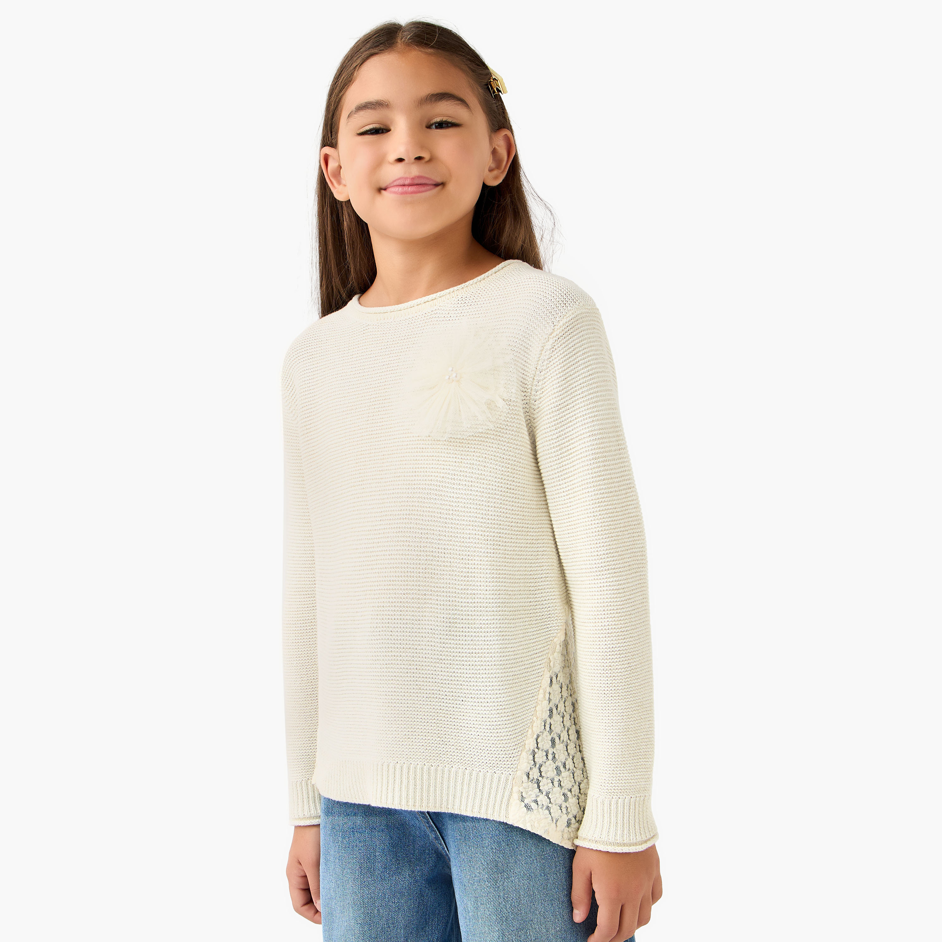 بلوفر بأكمام طويلة وتفاصيل دانتيل من جونيورز-girls-clothing-winterwear-jumpersandcardigans-image-1