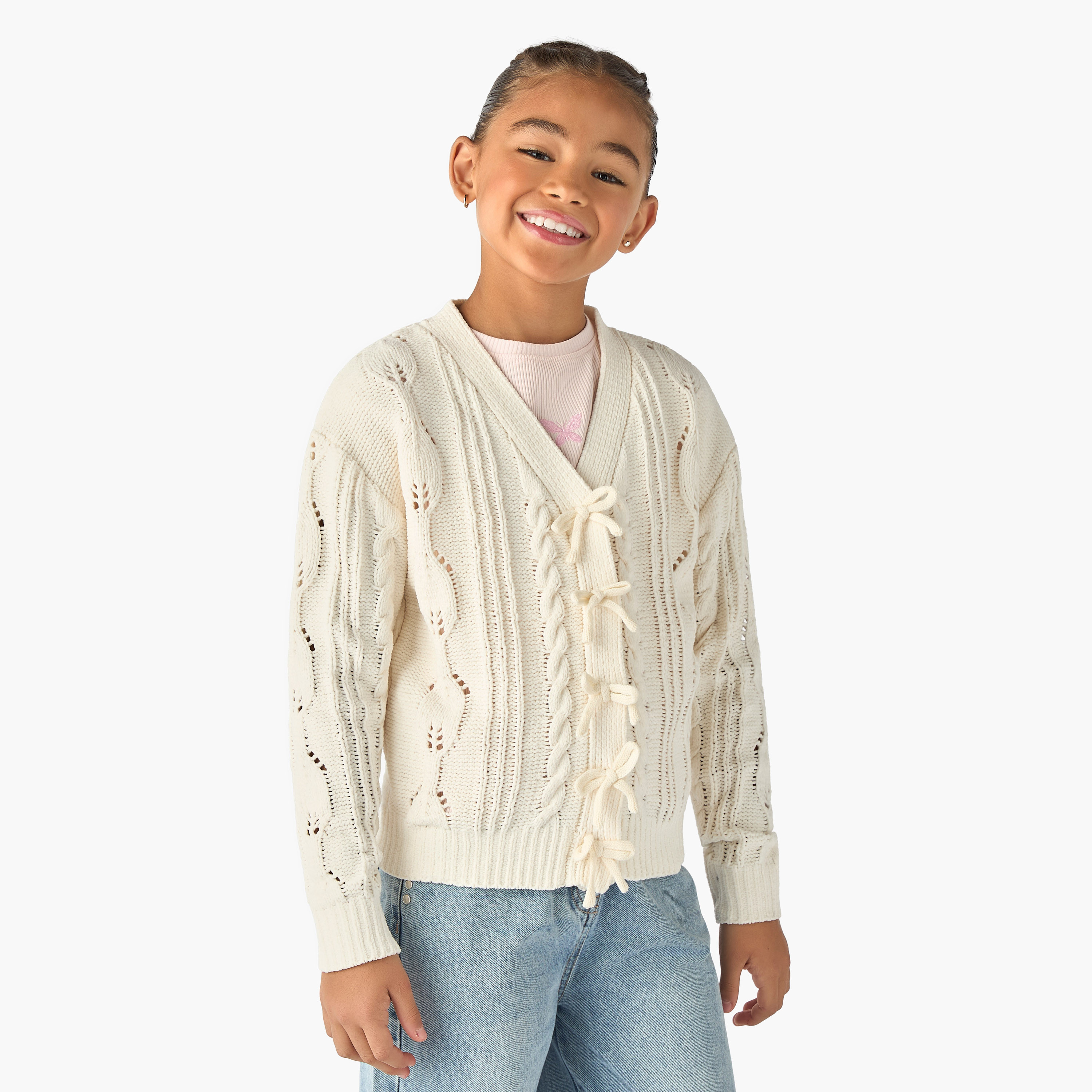 Juniors Cable Knit Cardigan with Long Sleeves-girls-clothing-winterwear-jumpersandcardigans-image-1