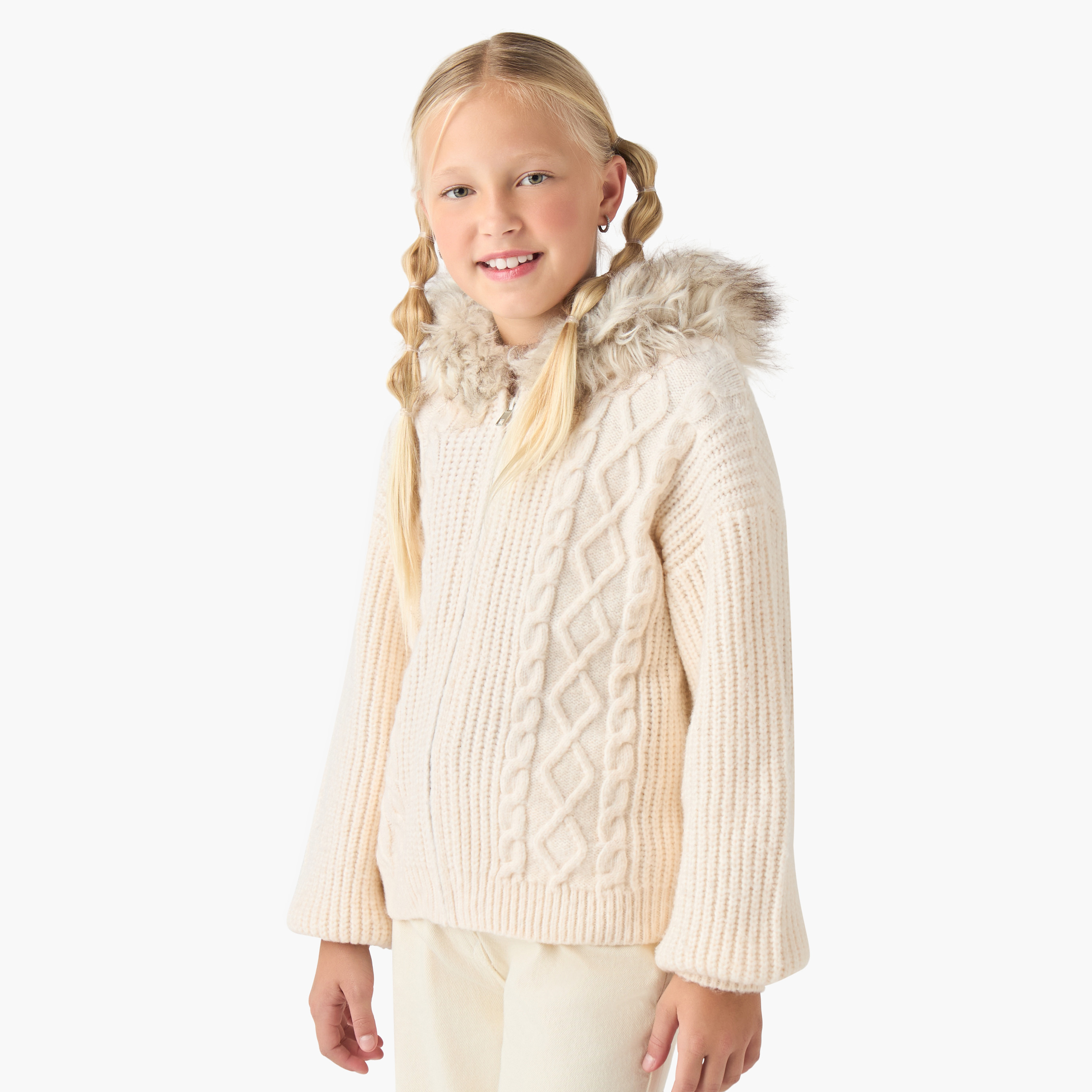 كارديجان مزين فرو صناعي وحياكة كابل مع سحّاب إغلاق من جونيورز-girls-clothing-winterwear-jumpersandcardigans-image-5