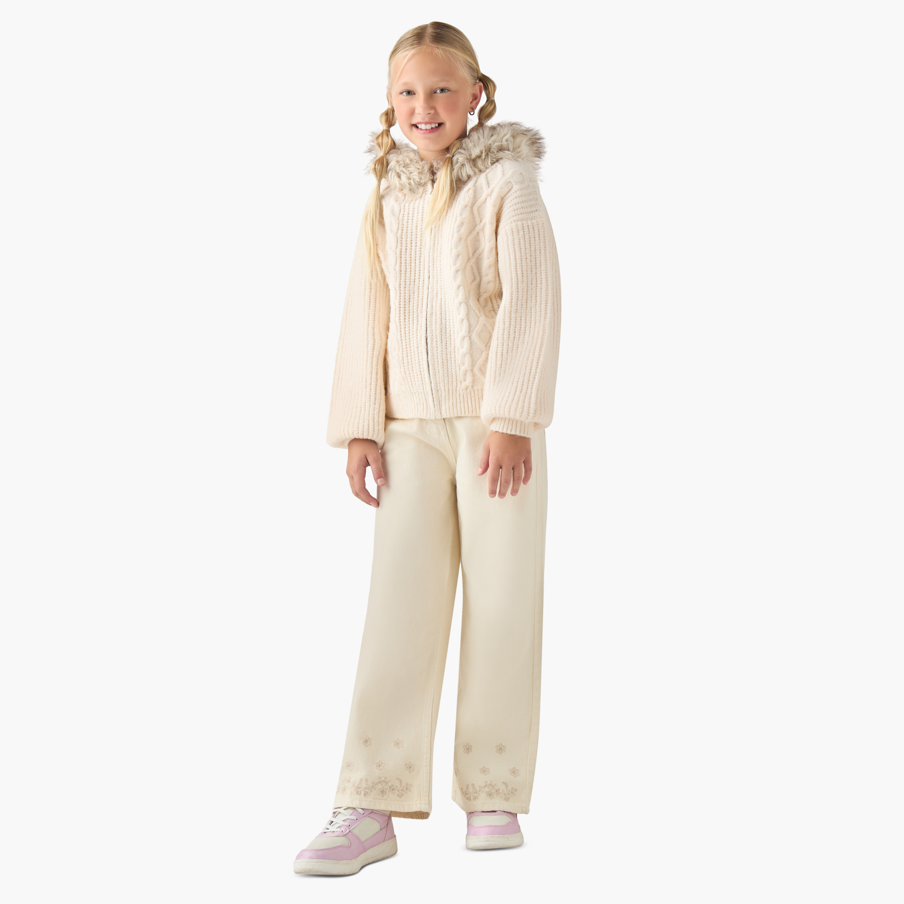 كارديجان مزين فرو صناعي وحياكة كابل مع سحّاب إغلاق من جونيورز-girls-clothing-winterwear-jumpersandcardigans-image-4