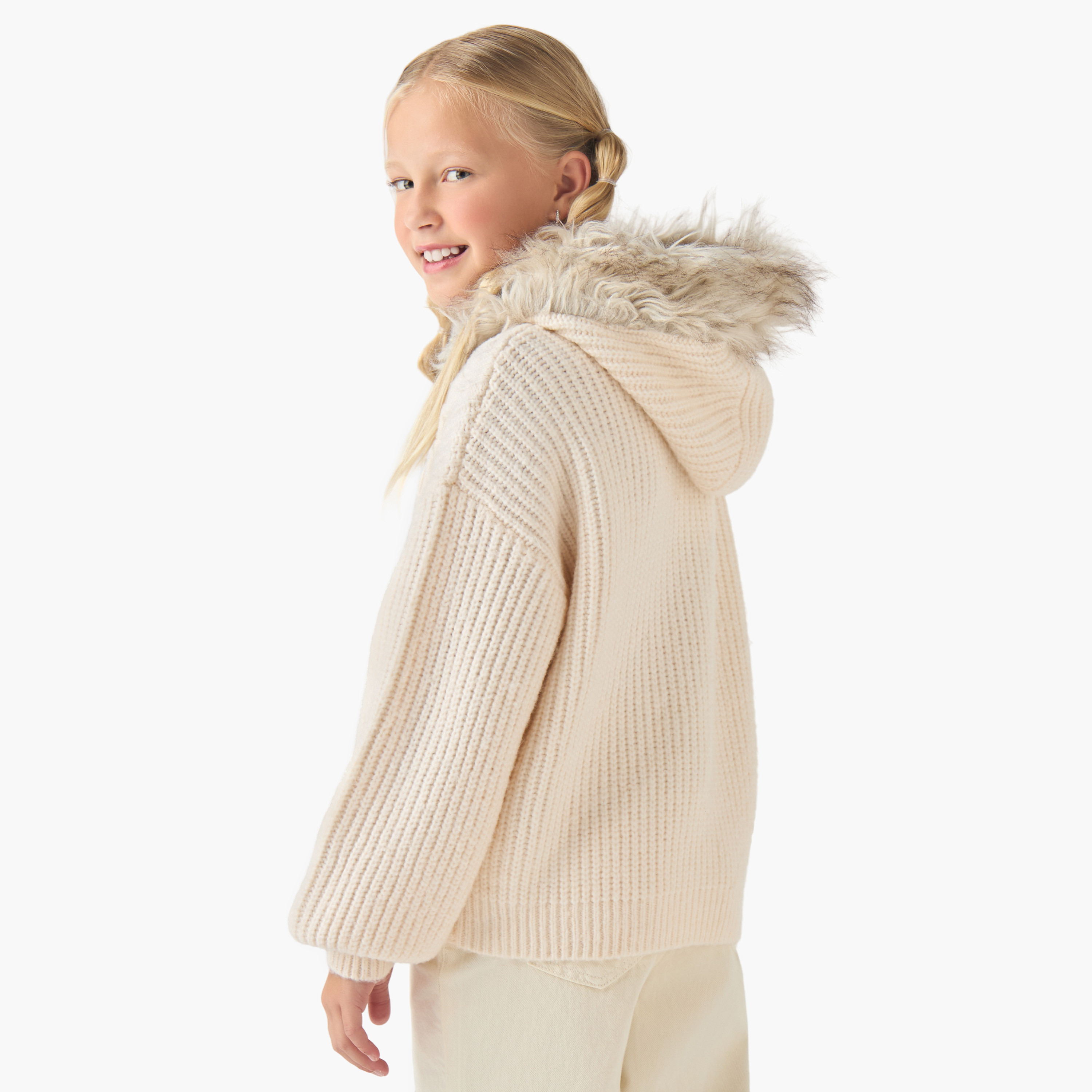 كارديجان مزين فرو صناعي وحياكة كابل مع سحّاب إغلاق من جونيورز-girls-clothing-winterwear-jumpersandcardigans-image-3