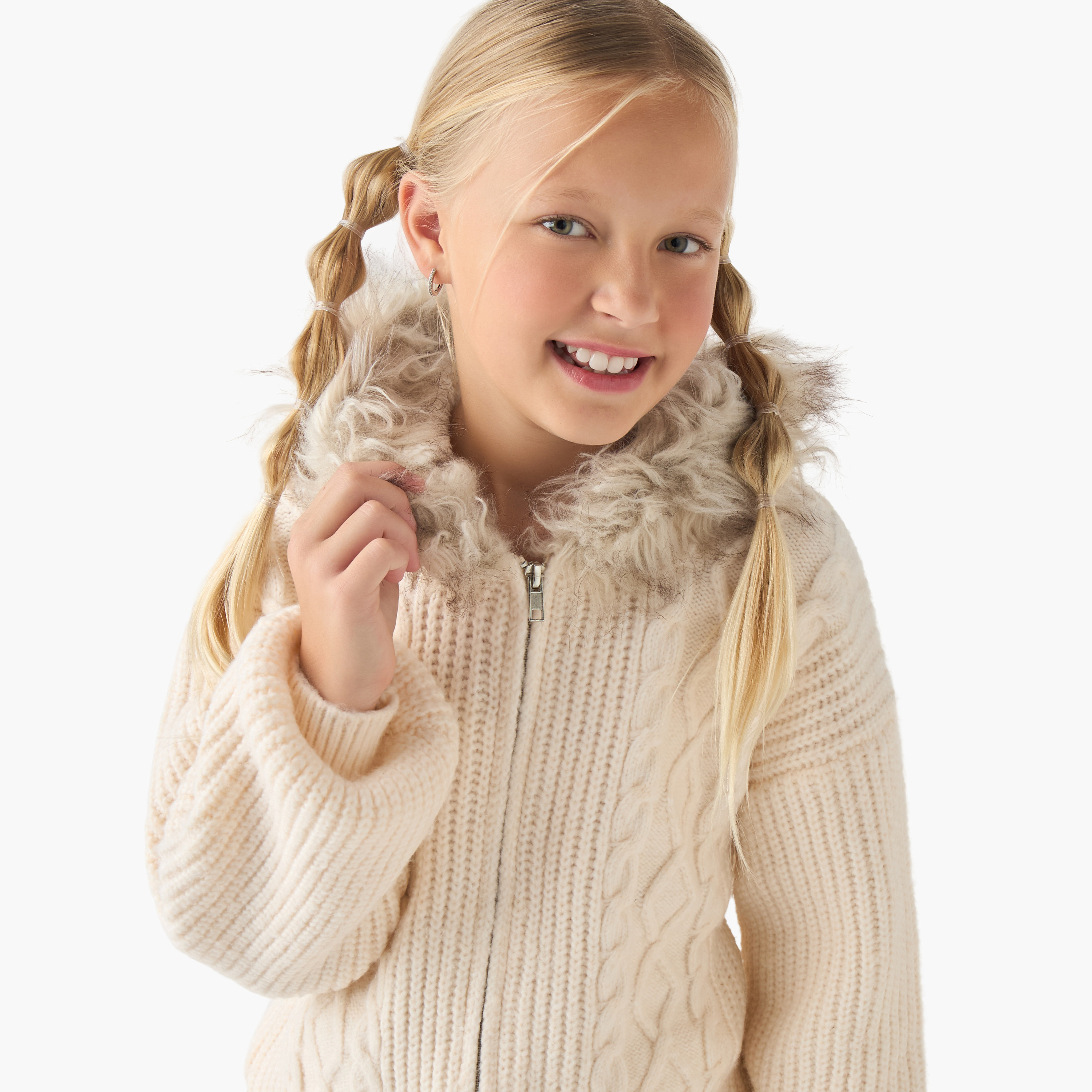 كارديجان مزين فرو صناعي وحياكة كابل مع سحّاب إغلاق من جونيورز-girls-clothing-winterwear-jumpersandcardigans-image-2