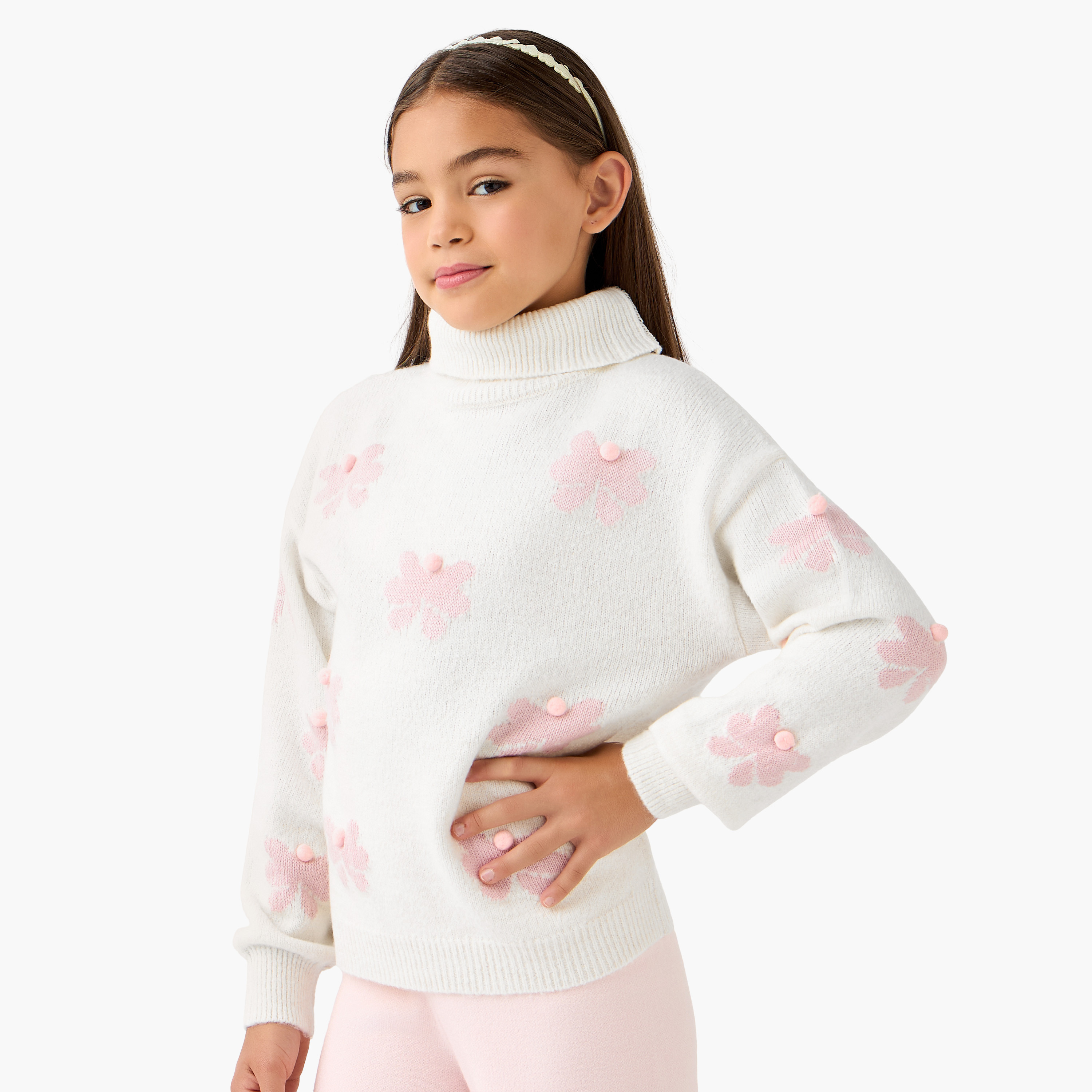 Juniors Floral Print Pullover with Turtleneck and Long Sleeves-girls-clothing-winterwear-jumpersandcardigans-image-1