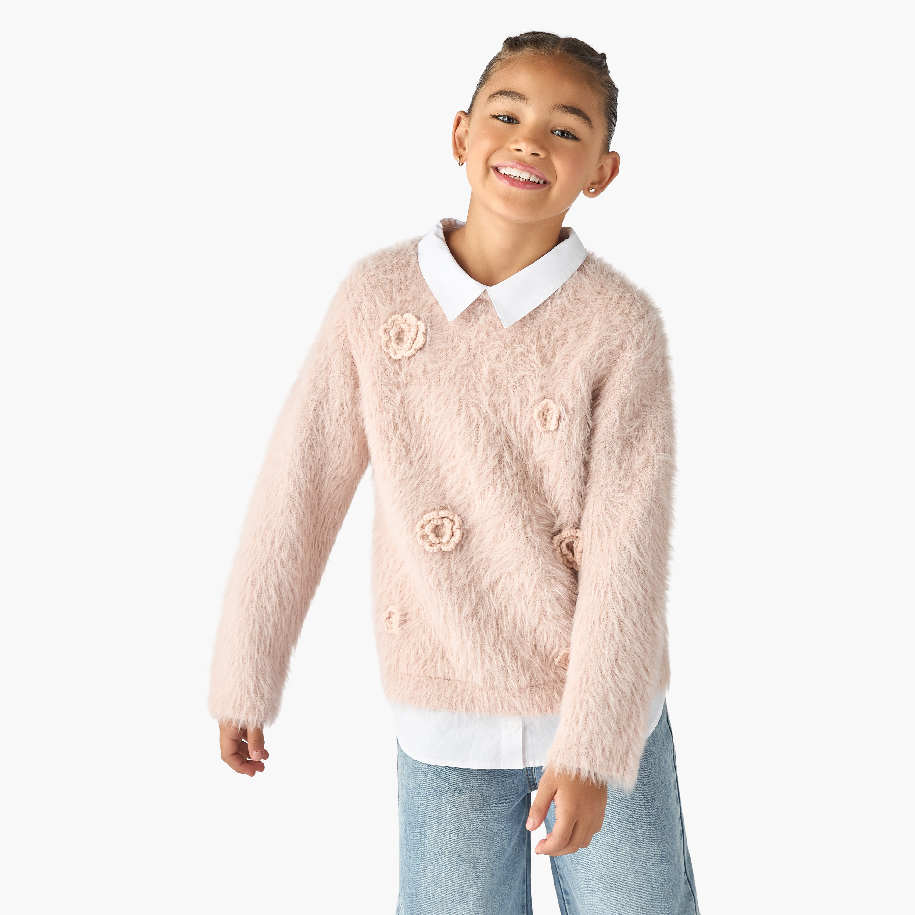 Juniors Collared Sweater with Faux Fur and Floral Applique-girls-clothing-jumpersandcardigans-image-1