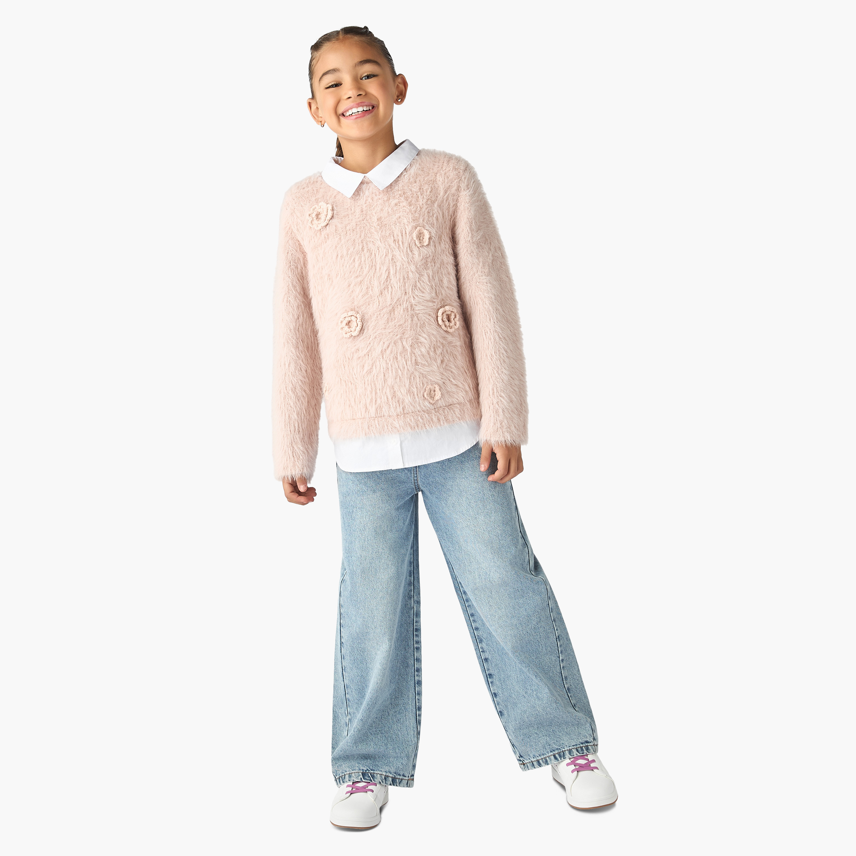 Juniors Collared Sweater with Faux Fur and Floral Applique-girls-clothing-jumpersandcardigans-image-2