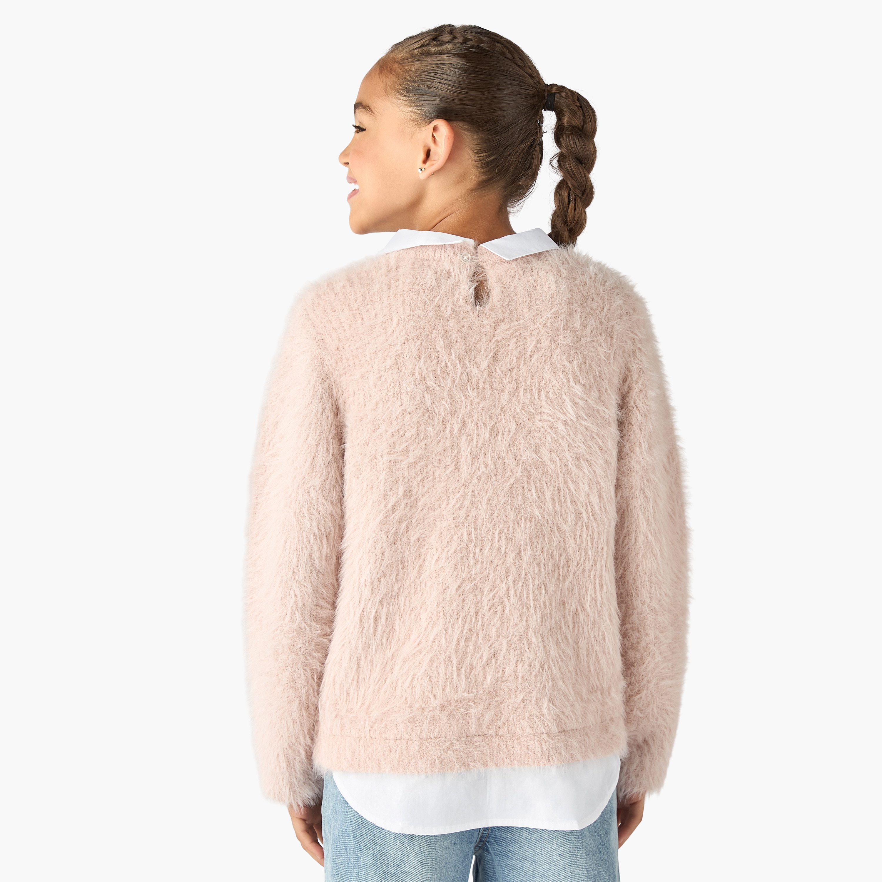 Juniors Collared Sweater with Faux Fur and Floral Applique-girls-clothing-jumpersandcardigans-image-3