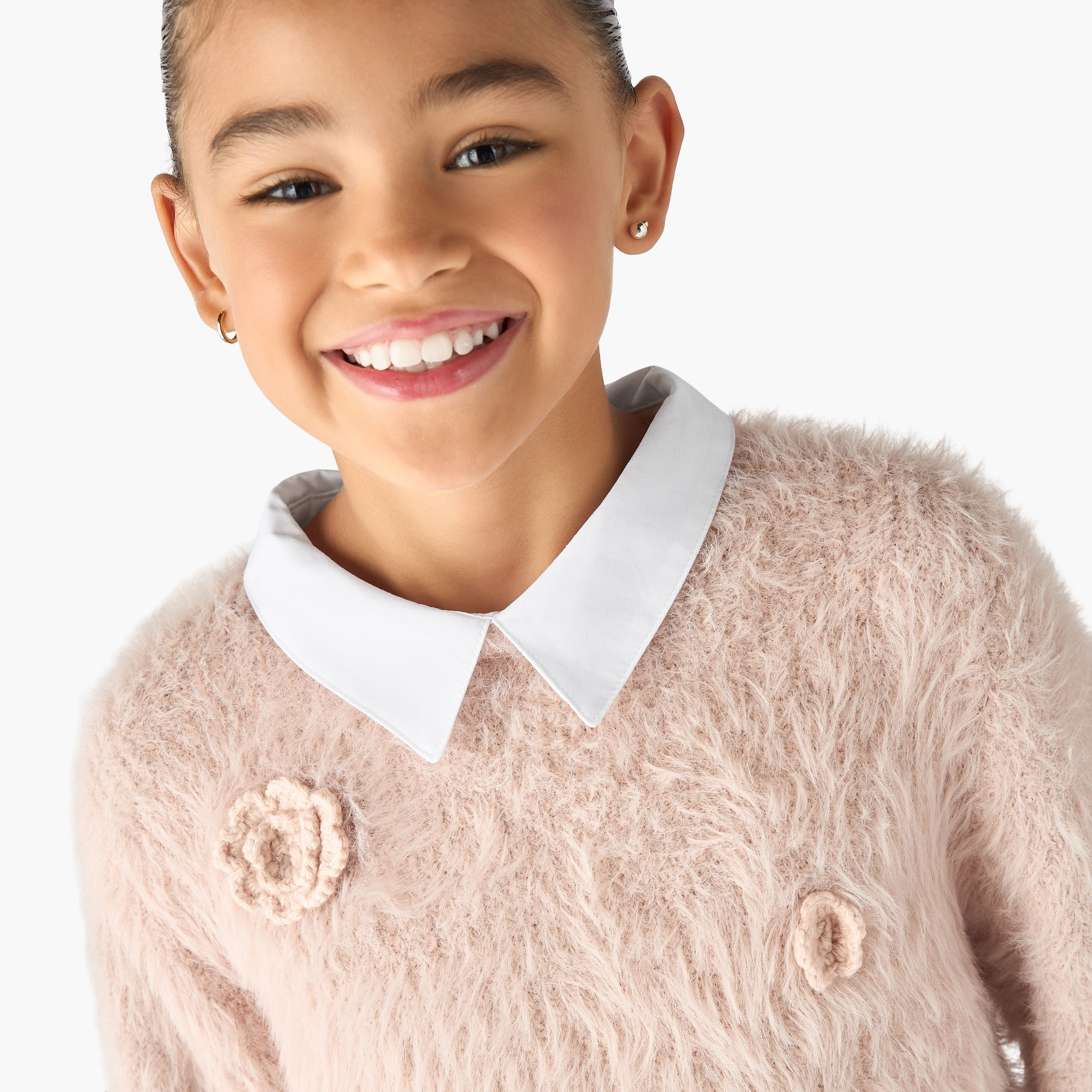 Juniors Collared Sweater with Faux Fur and Floral Applique-girls-clothing-jumpersandcardigans-image-4