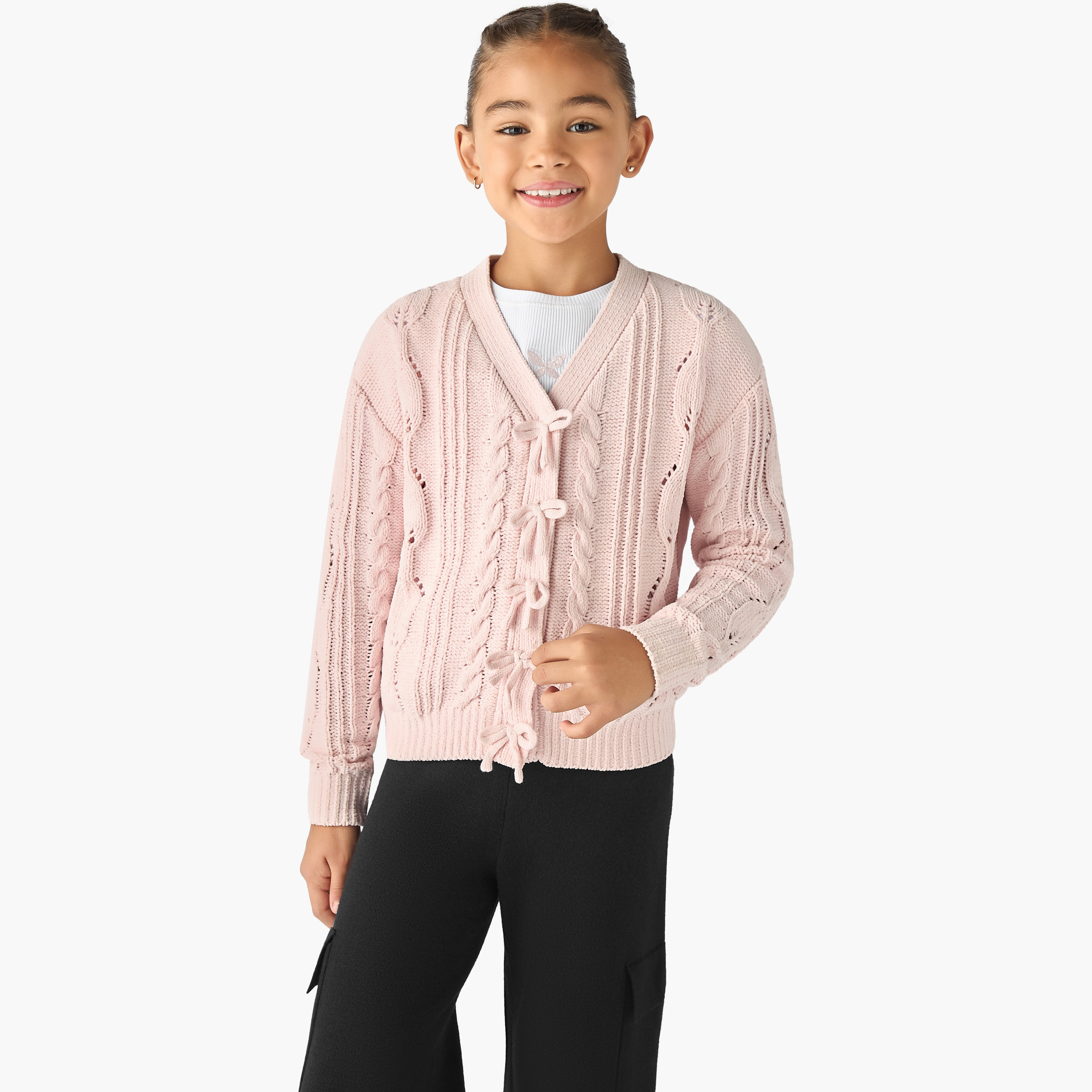 Juniors Cable Knit Cardigan with Long Sleeves-girls-clothing-winterwear-jumpersandcardigans-image-1