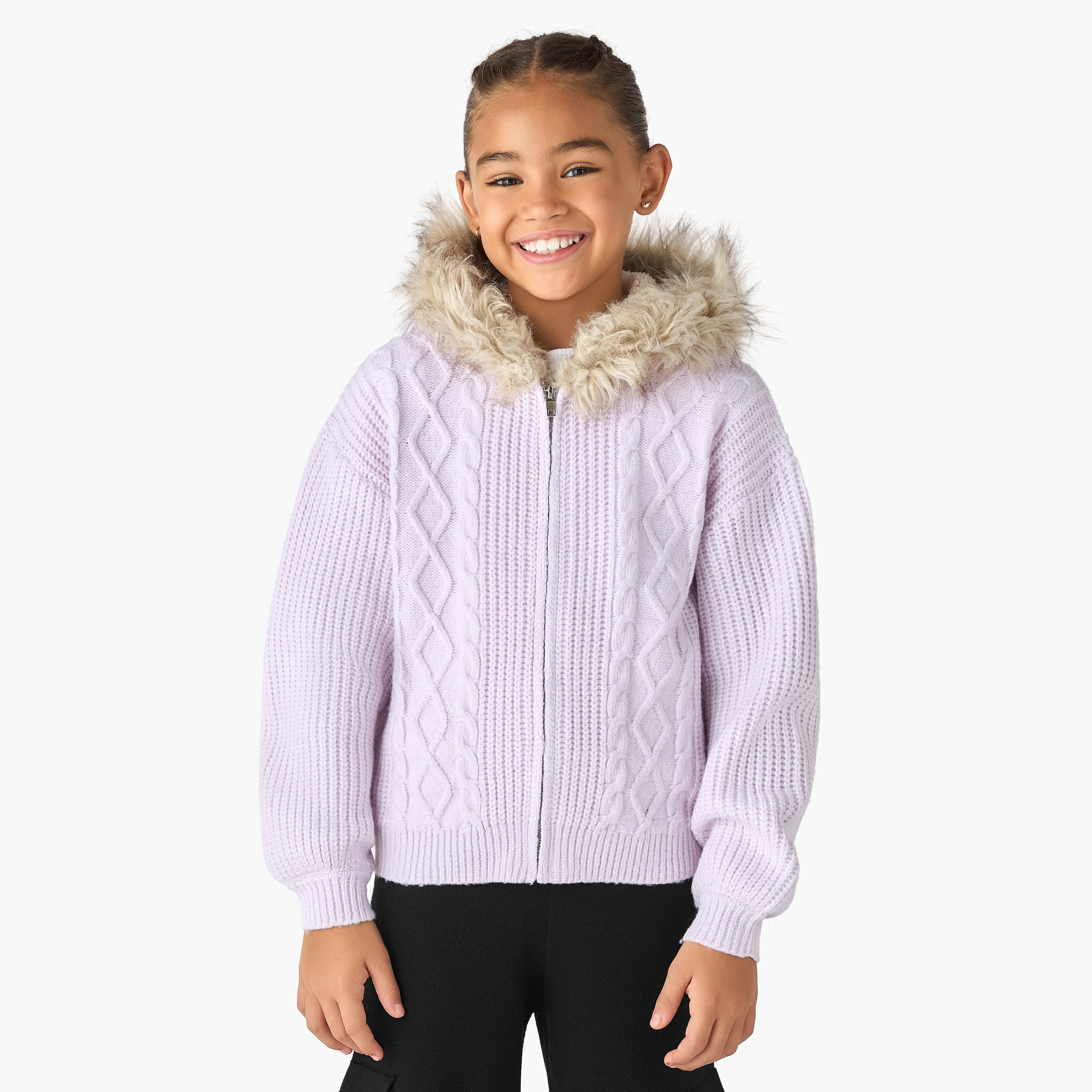 Juniors Cable Knit Faux Fur Cardigan with Zip Closure-girls-clothing-winterwear-jumpersandcardigans-image-1