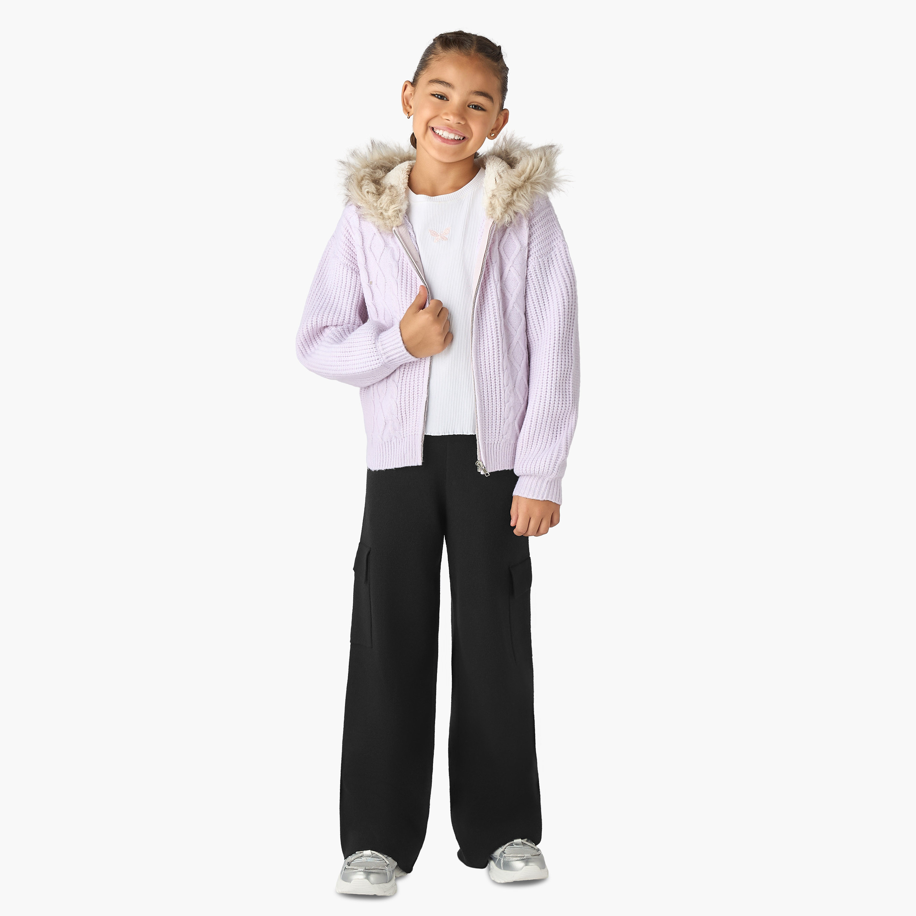 Juniors Cable Knit Faux Fur Cardigan with Zip Closure-girls-clothing-winterwear-jumpersandcardigans-image-2