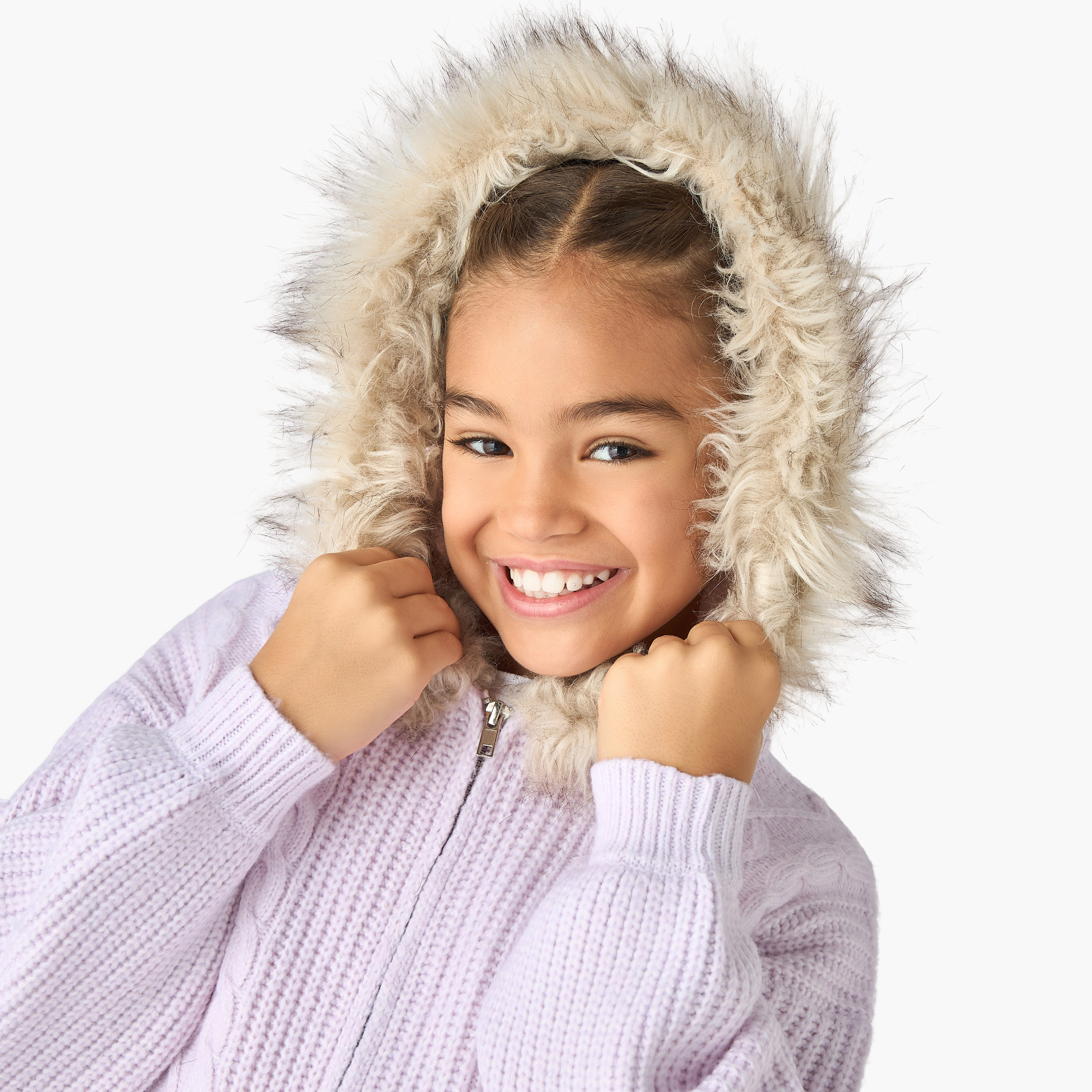 Juniors Cable Knit Faux Fur Cardigan with Zip Closure-girls-clothing-winterwear-jumpersandcardigans-image-4