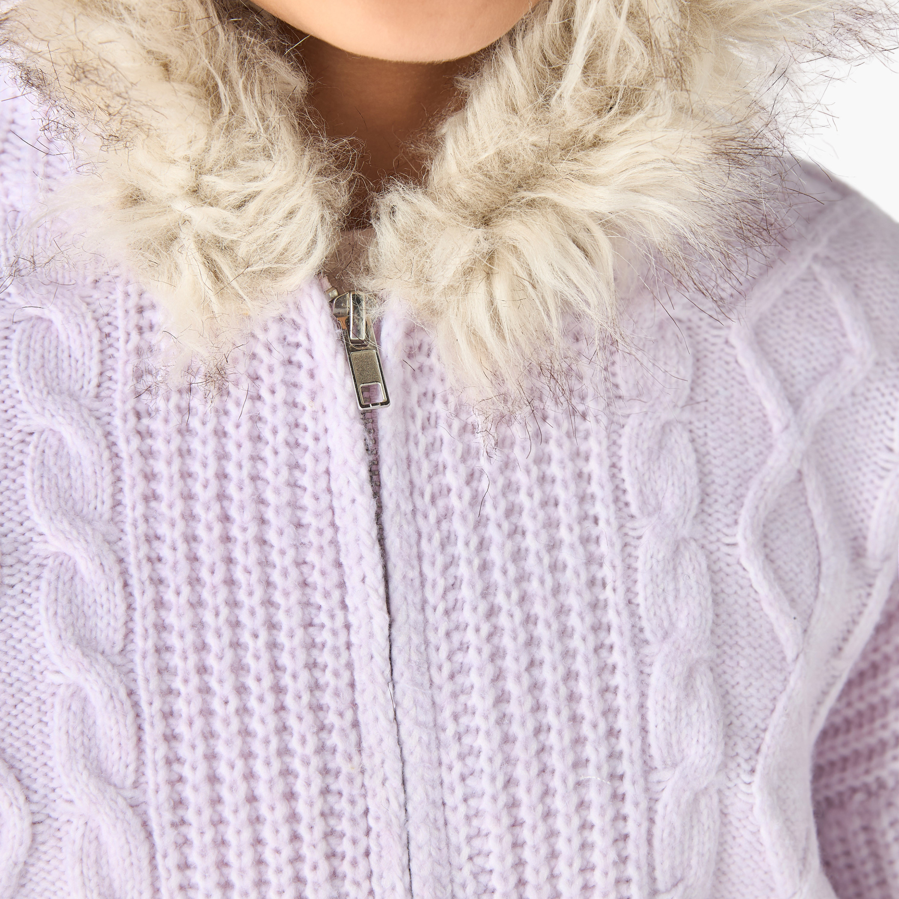 Juniors Cable Knit Faux Fur Cardigan with Zip Closure-girls-clothing-winterwear-jumpersandcardigans-image-5