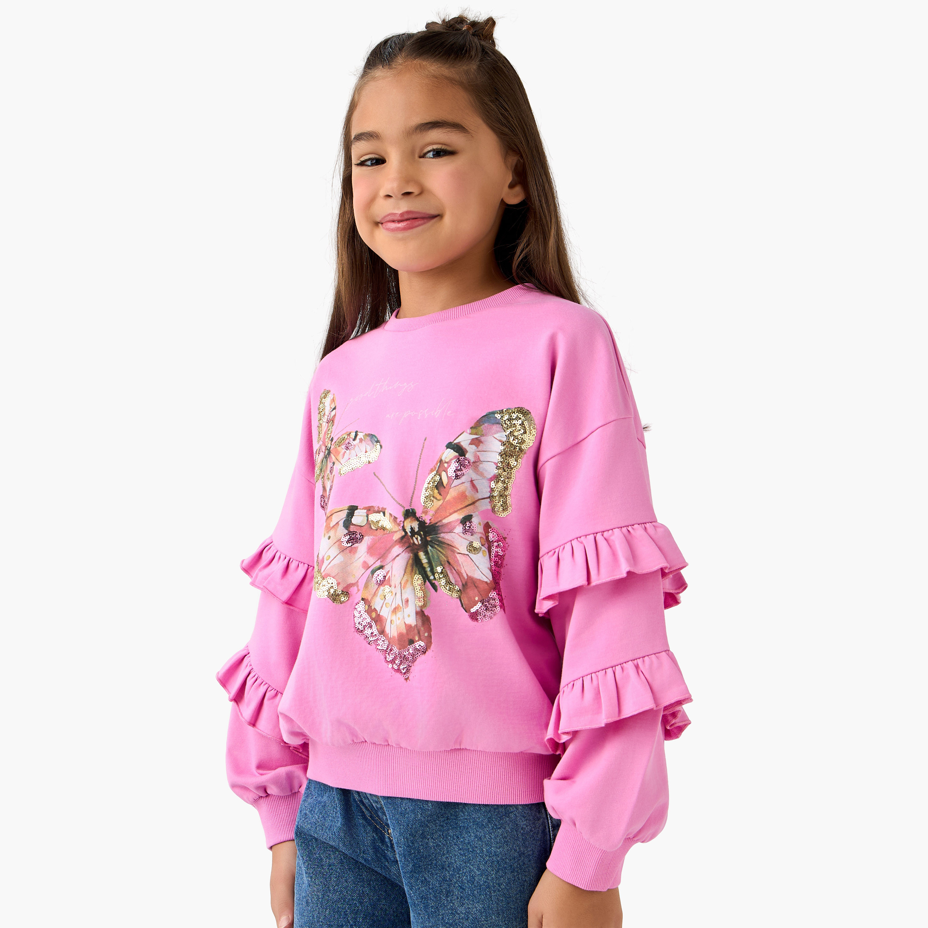 سويت شيرت بأكمام كشكش وطبعات جرافيك من جونيورز-girls-clothing-winterwear-sweatshirts-image-5