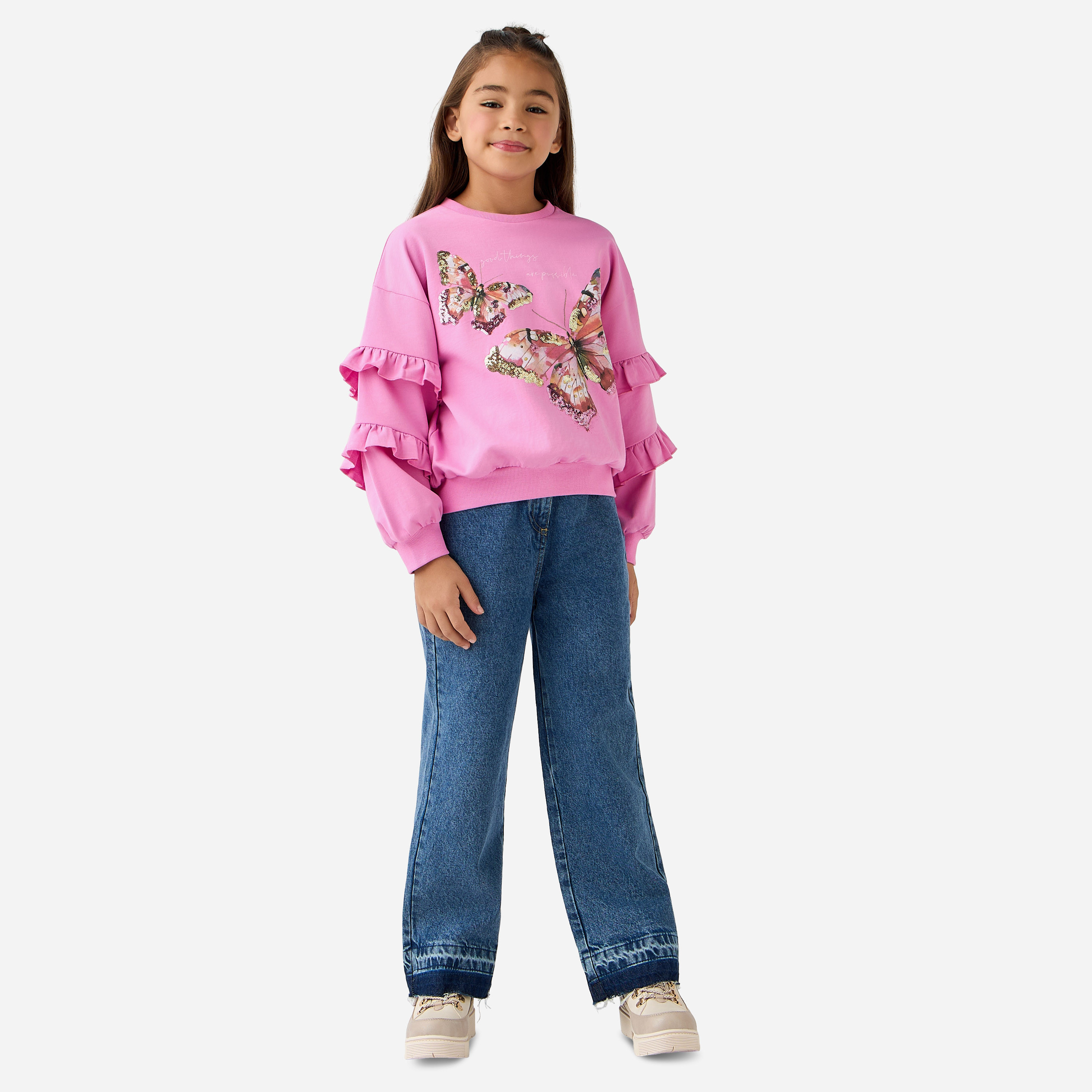 سويت شيرت بأكمام كشكش وطبعات جرافيك من جونيورز-girls-clothing-winterwear-sweatshirts-image-4