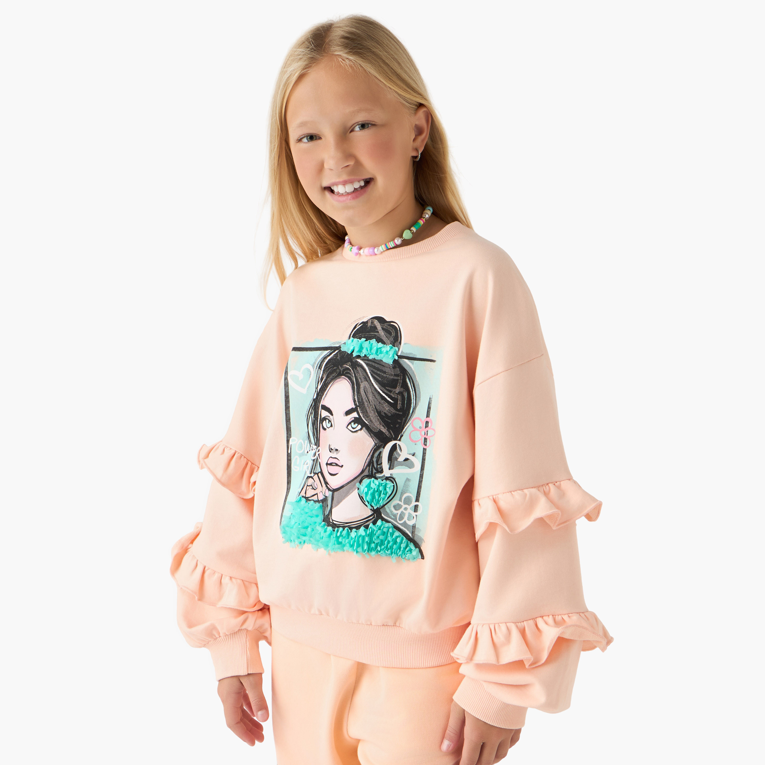 Juniors Graphic Print Sweatshirt with Ruffle Sleeves-girls-clothing-winterwear-sweatshirts-image-1