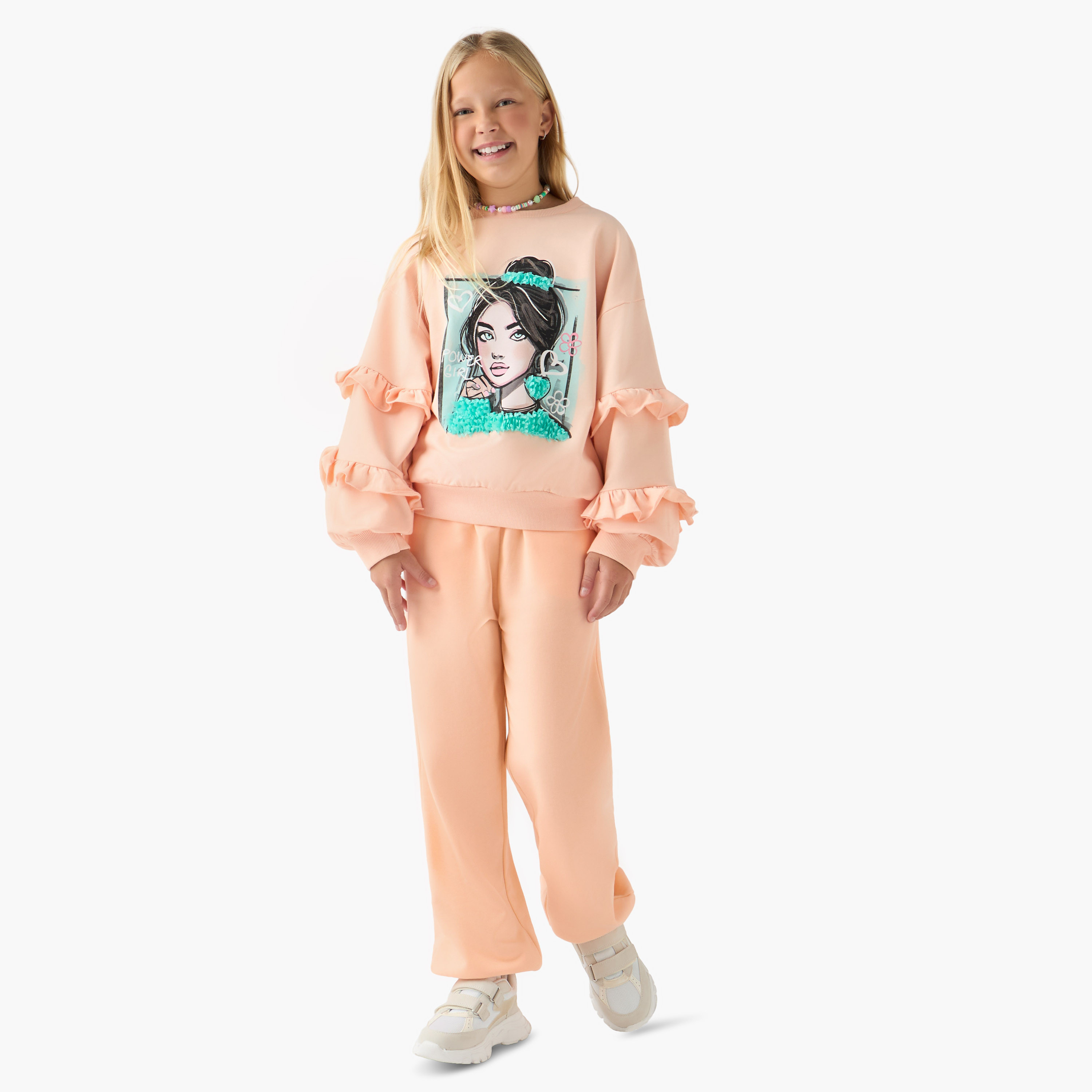 Juniors Graphic Print Sweatshirt with Ruffle Sleeves-girls-clothing-winterwear-sweatshirts-image-2