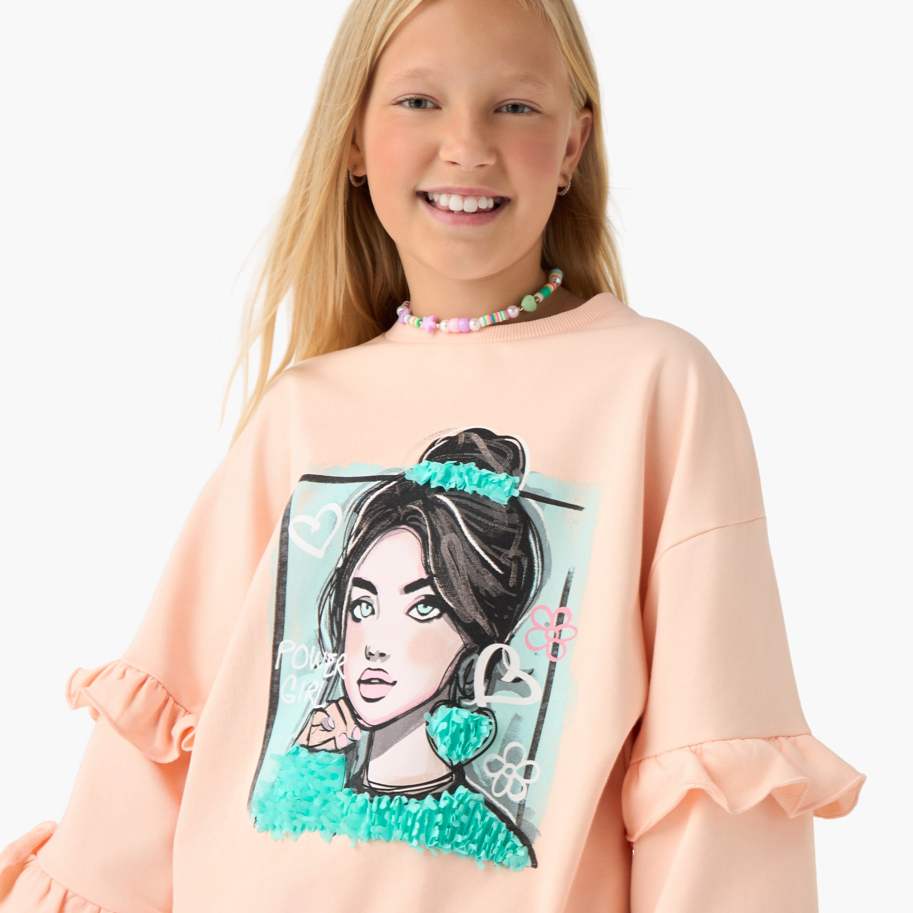 Juniors Graphic Print Sweatshirt with Ruffle Sleeves-girls-clothing-winterwear-sweatshirts-image-4