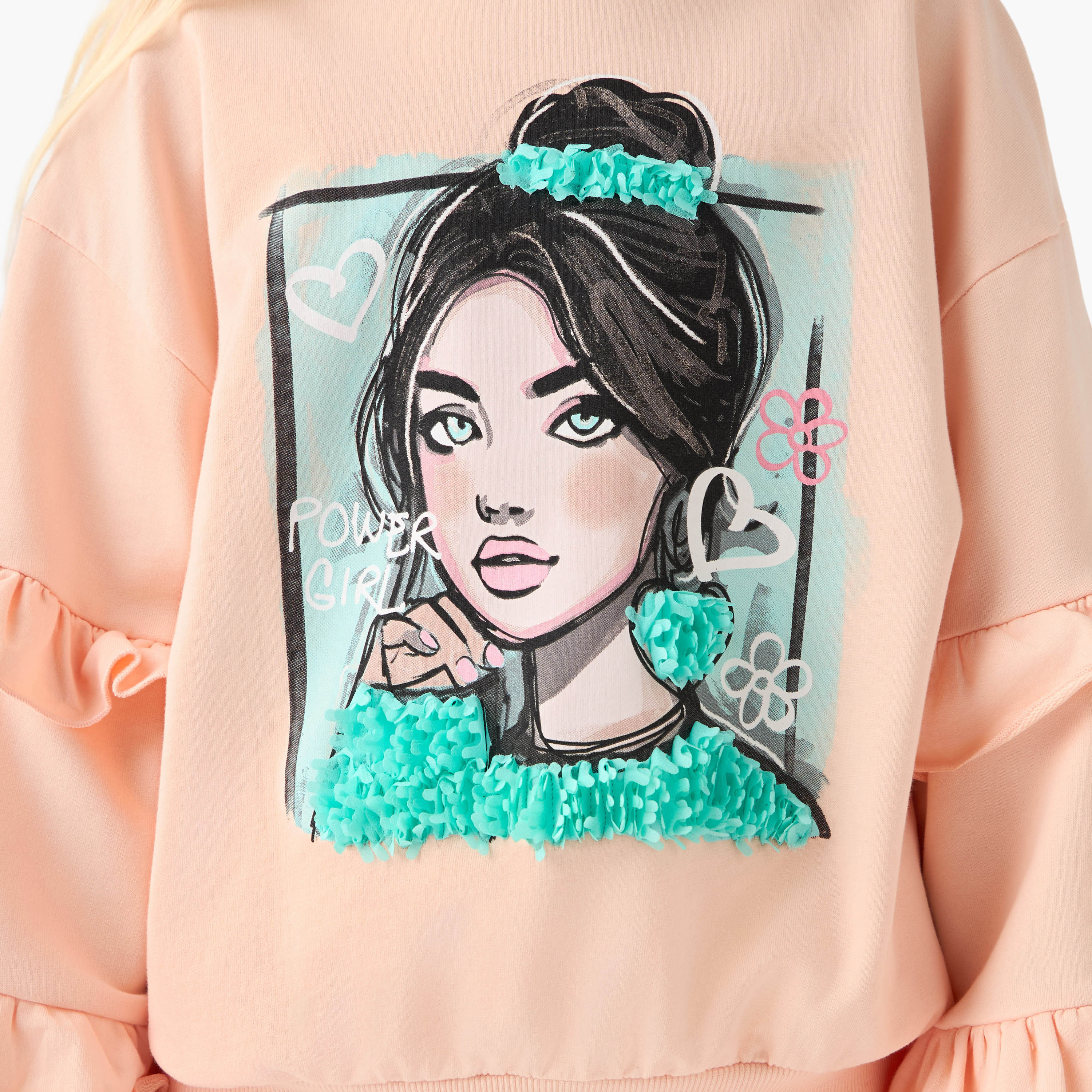 Juniors Graphic Print Sweatshirt with Ruffle Sleeves-girls-clothing-winterwear-sweatshirts-image-5